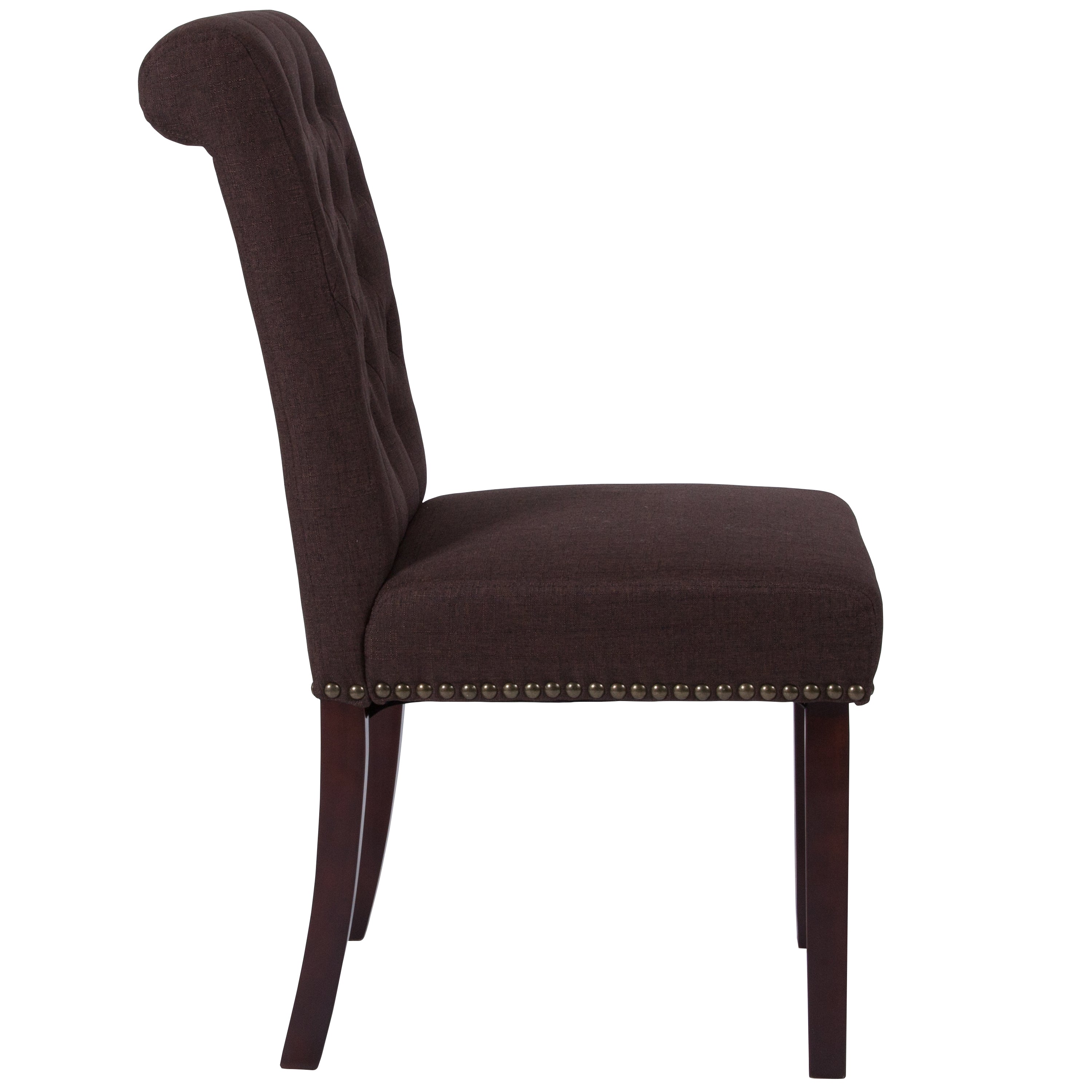 HERCULES Series Brown Fabric Parsons Chair with Rolled Back, Accent Nail Trim and Walnut Finish