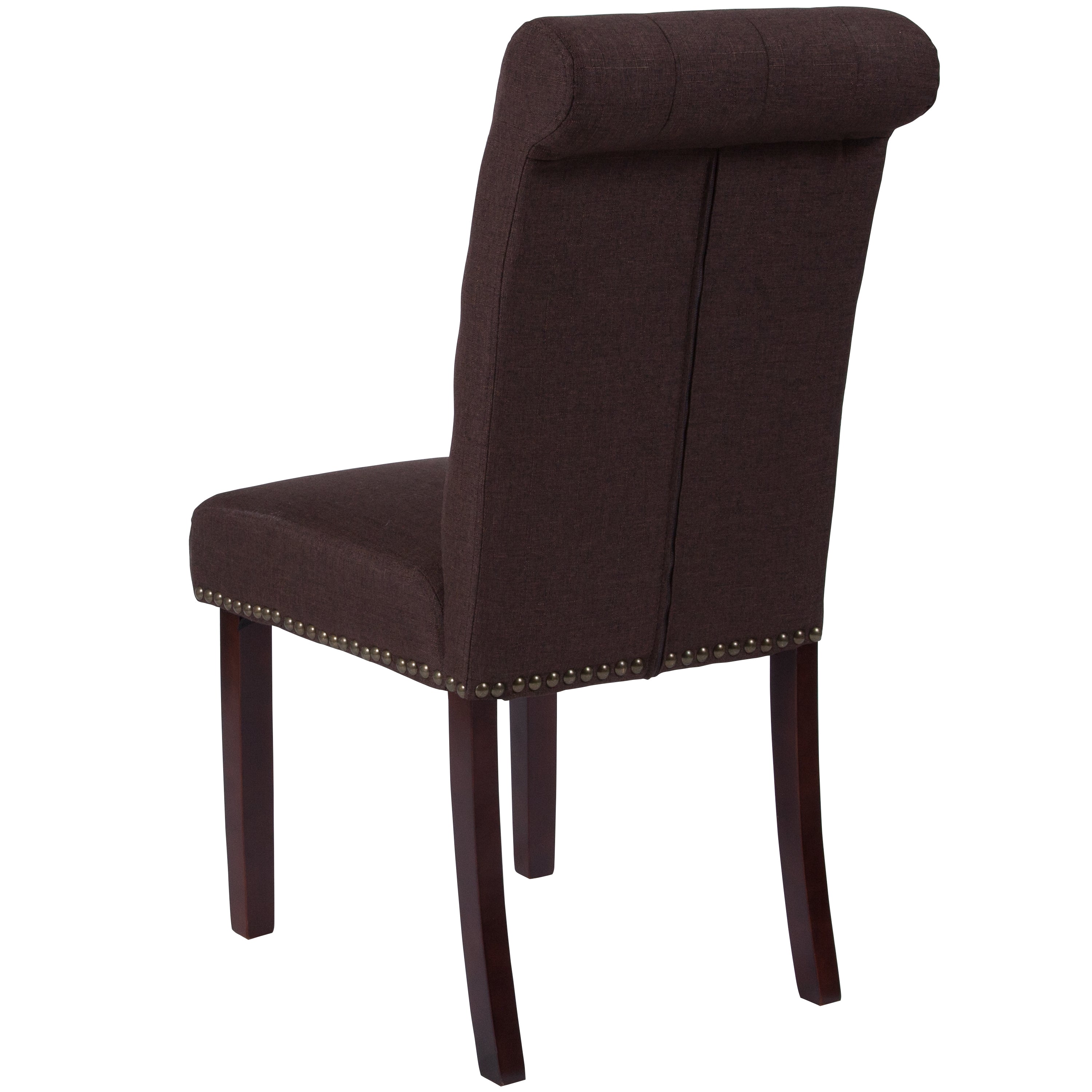HERCULES Series Brown Fabric Parsons Chair with Rolled Back, Accent Nail Trim and Walnut Finish
