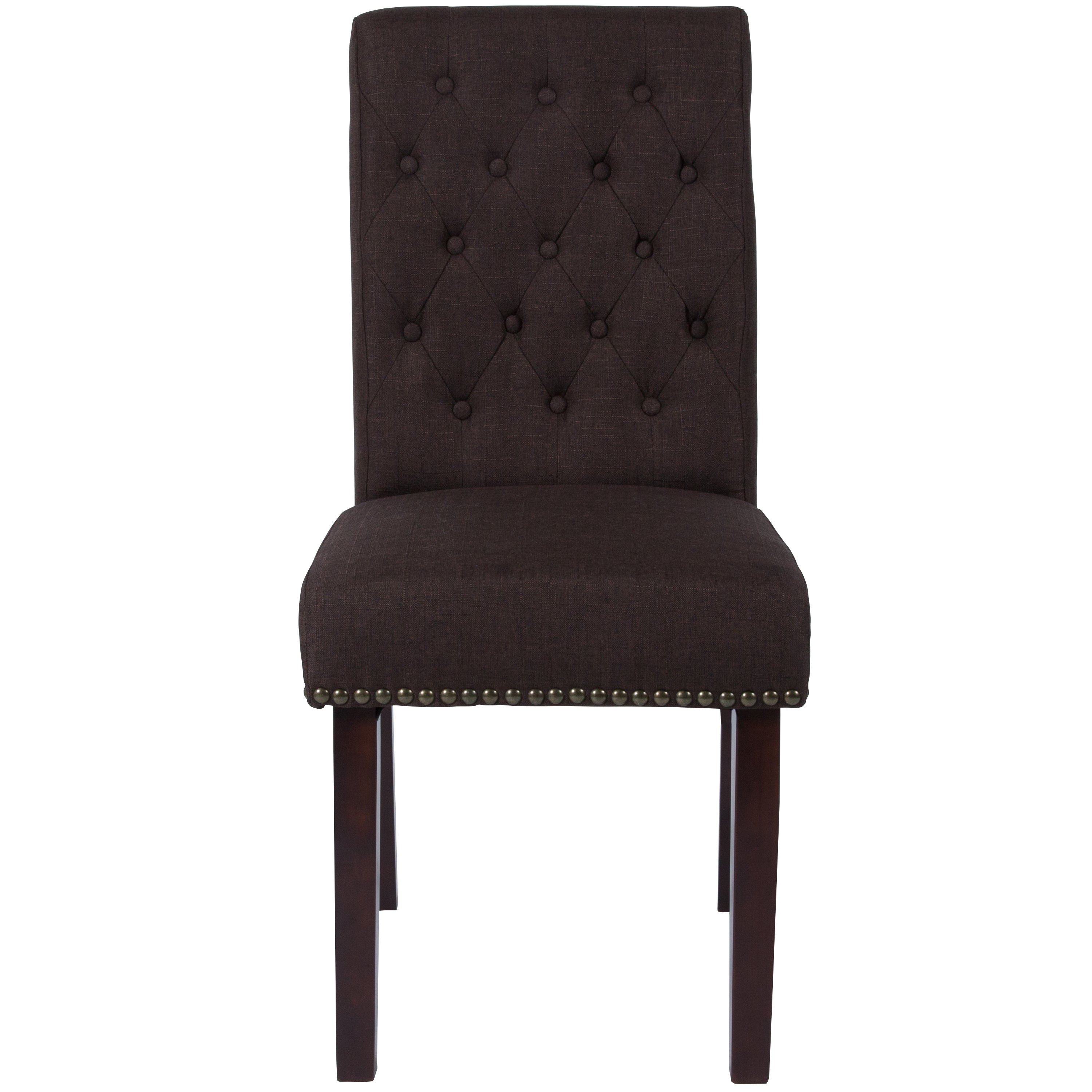 HERCULES Series Brown Fabric Parsons Chair with Rolled Back, Accent Nail Trim and Walnut Finish