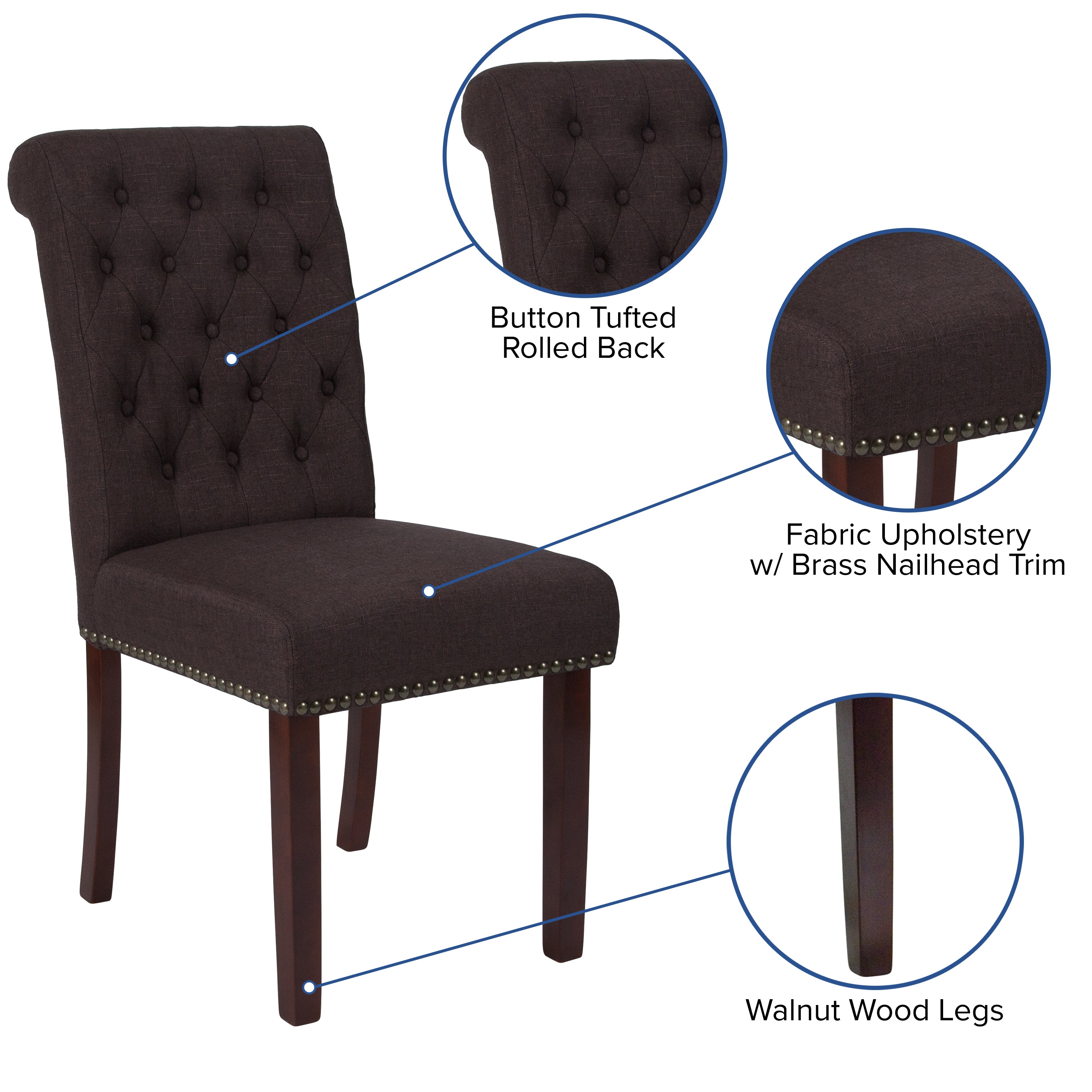 HERCULES Series Brown Fabric Parsons Chair with Rolled Back, Accent Nail Trim and Walnut Finish