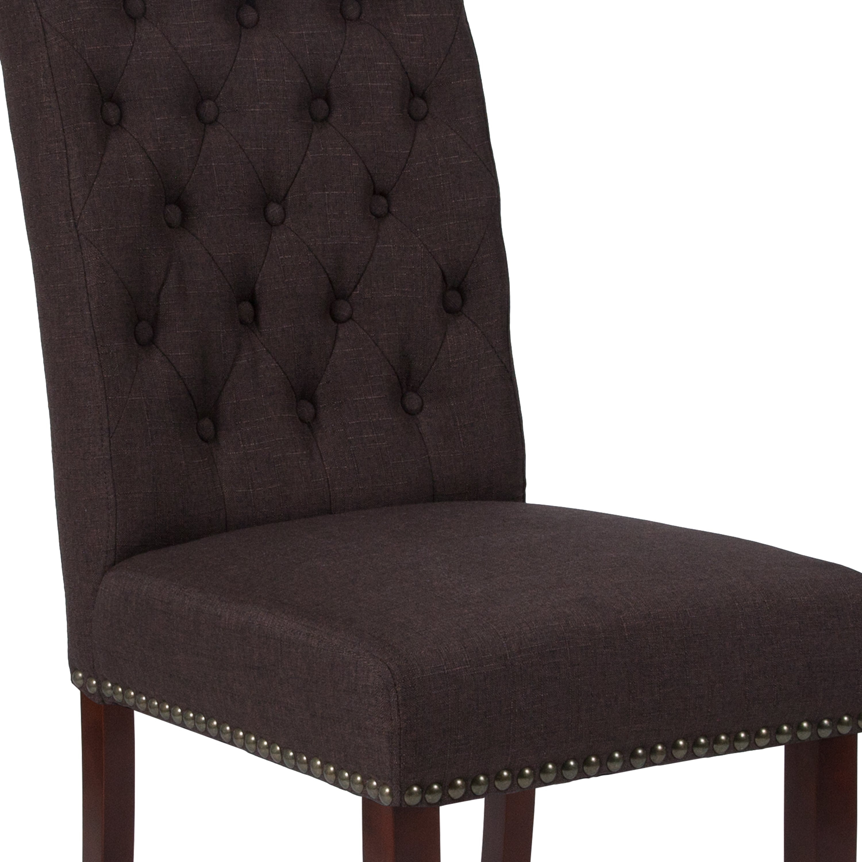 HERCULES Series Brown Fabric Parsons Chair with Rolled Back, Accent Nail Trim and Walnut Finish