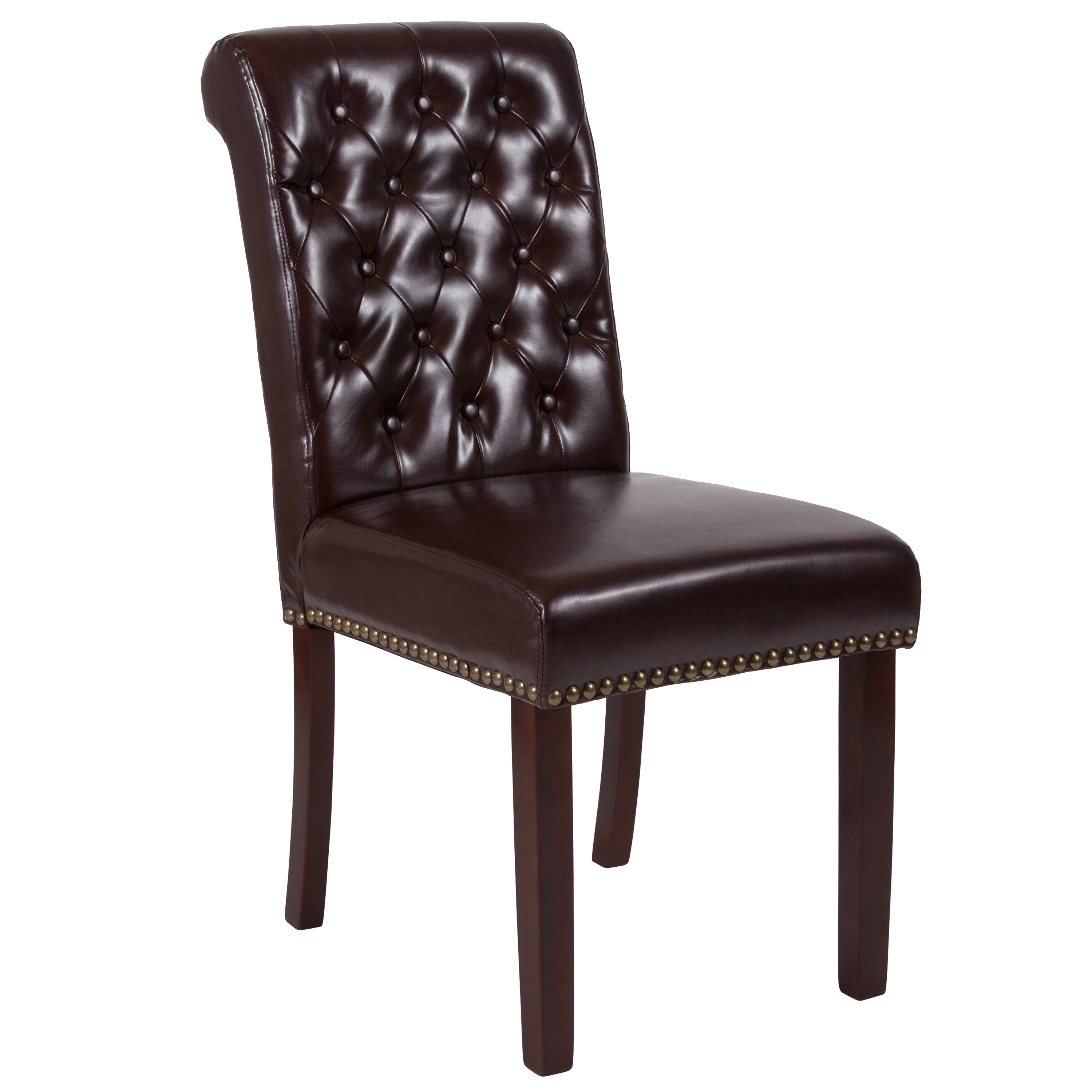 HERCULES Series Brown LeatherSoft Parsons Chair with Rolled Back, Accent Nail Trim and Walnut Finish