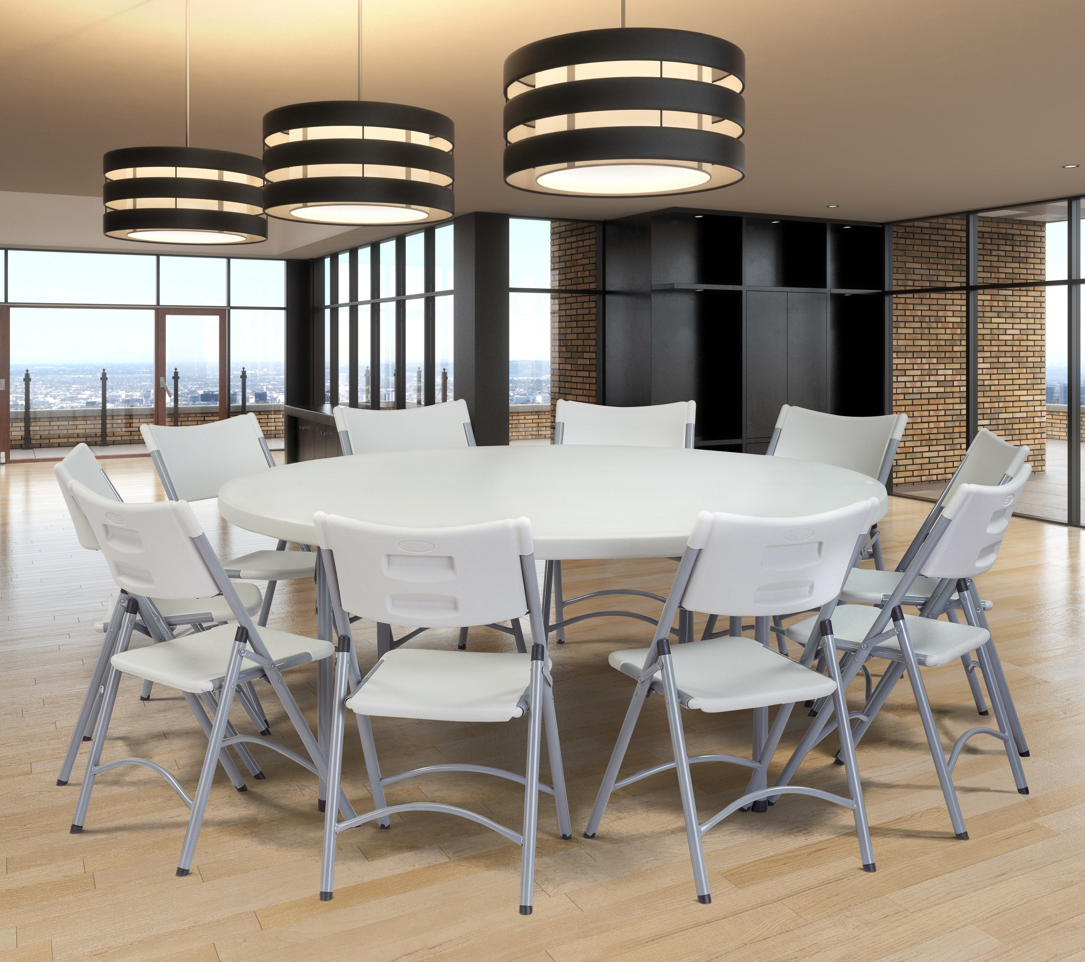 NPS® 71" Heavy Duty Round Folding Table, Surface Color: Speckled Grey, Frame Color: Grey