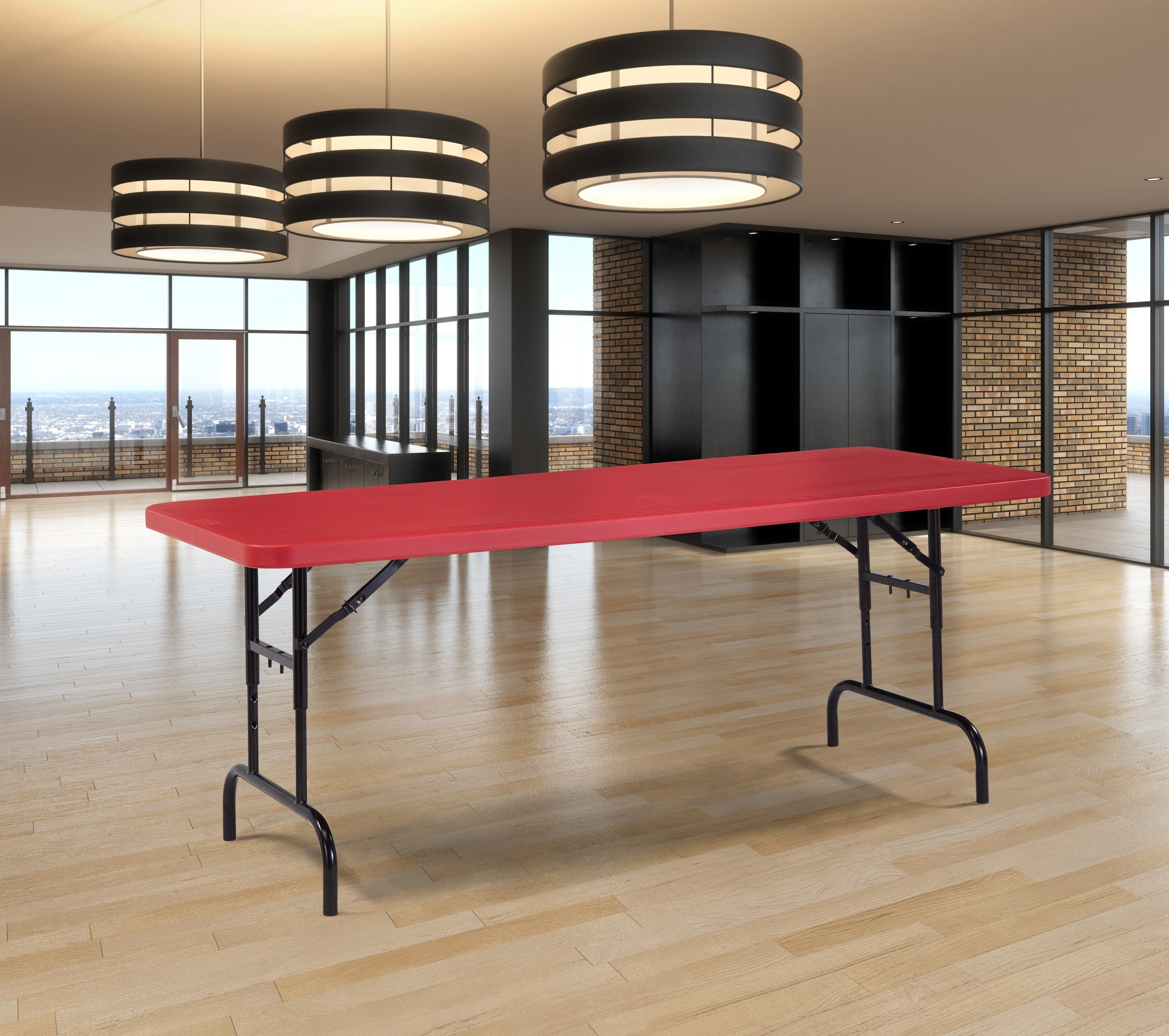 NPS® 30" x 72" Height Adjustable Heavy Duty Folding Table, Surface Color: Red, Frame Color: Black