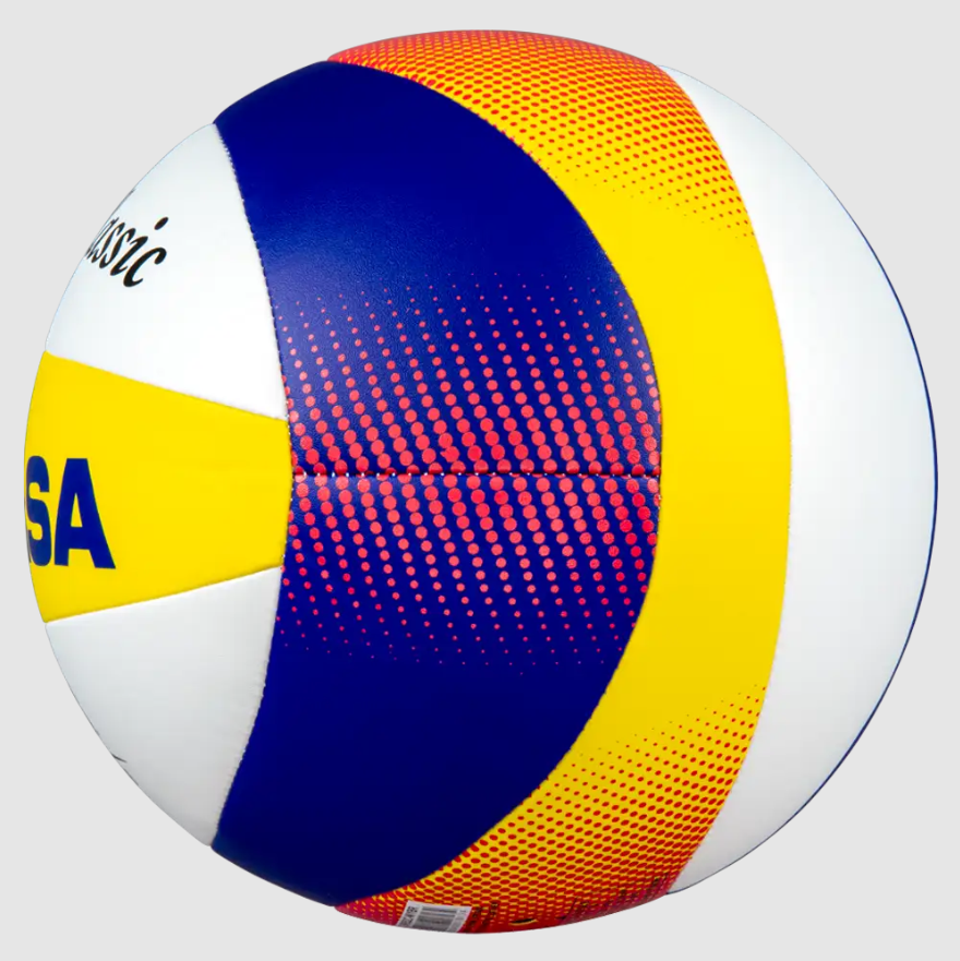 Outdoor Volleyball, Varsity Series - Beach Classic, Curved 10 Panel Design, Olympic Replica, Soft Stitched  Cover, Blue/Yellow/White