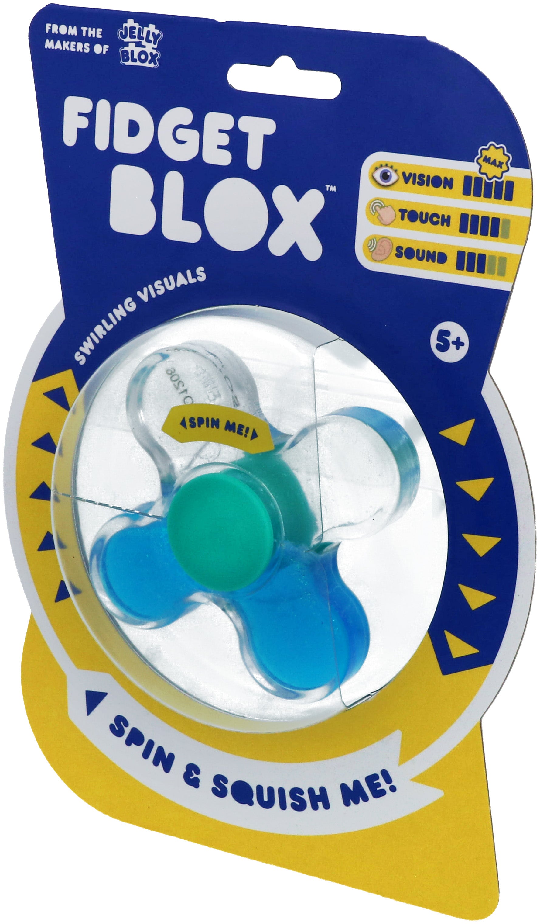 Fidget Blox - S2 Assortment CDU (6pcs)  contains 1 Blue & Red, 1 Blue & Yellow, 1 Vision - Blue, 1 Touch - Teal, 1 Spinner- Blue, 1 Spinner- Purple