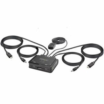 StarTech.com 2-Port USB-C Cable KVM Switch 4K 60Hz DisplayPort Output Compact KVM with 4ft/1.2m USB Type-C/Audio Integrated Cables Bus Powered - Remot