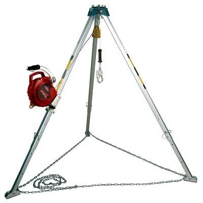 Protecta Confined Space System. 8 ft. (2.4 m) AK105A aluminum tripod with 359101 50 ft. (15 m) stainless steel 3-way self retracting lifeline, 3590498 mounting bracket and AK020A1 pulley.