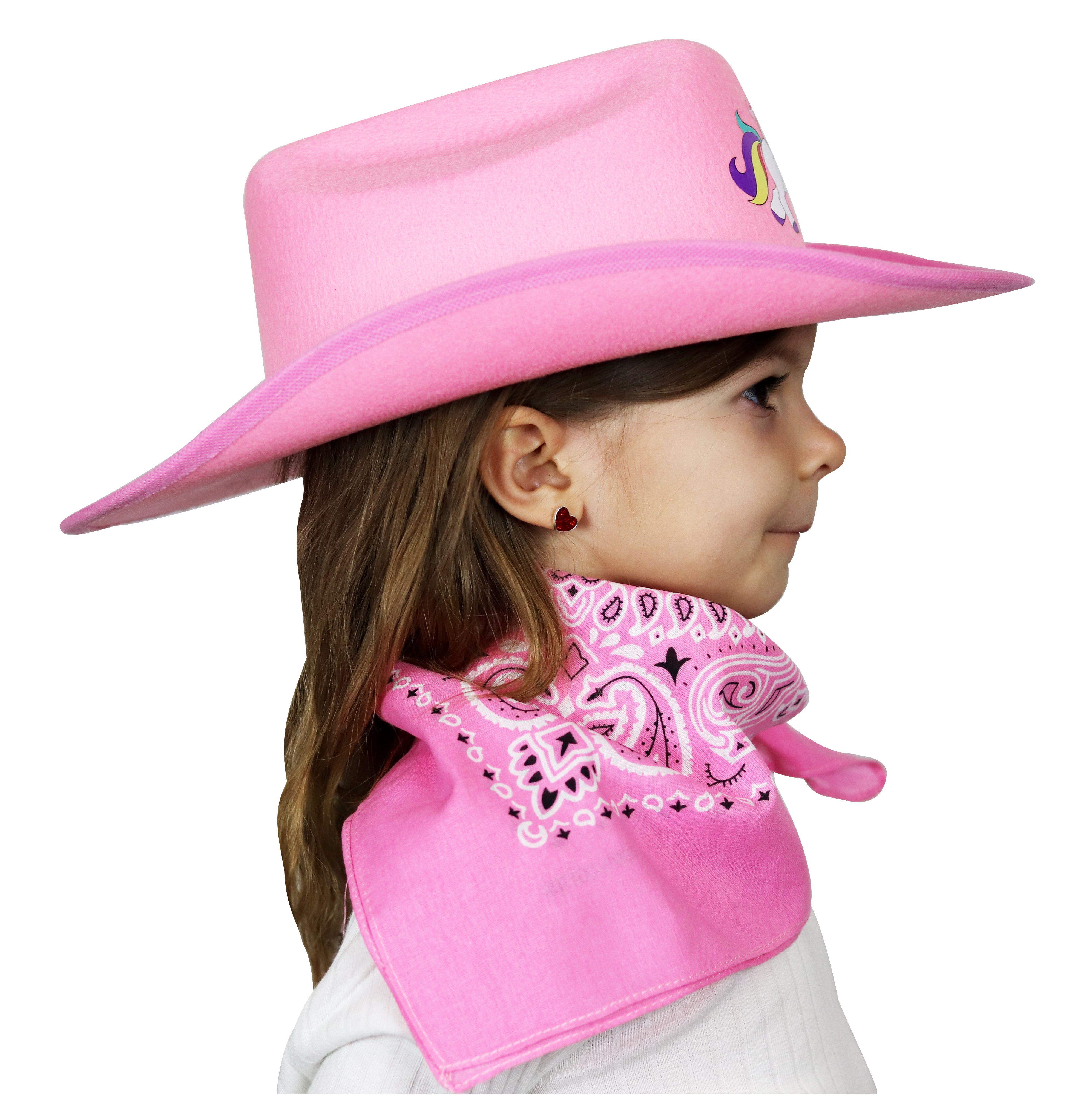 Jr. Cowboy Hat, Pink, Sparkle Ribbon with White Unicorn Logo And Bandanna