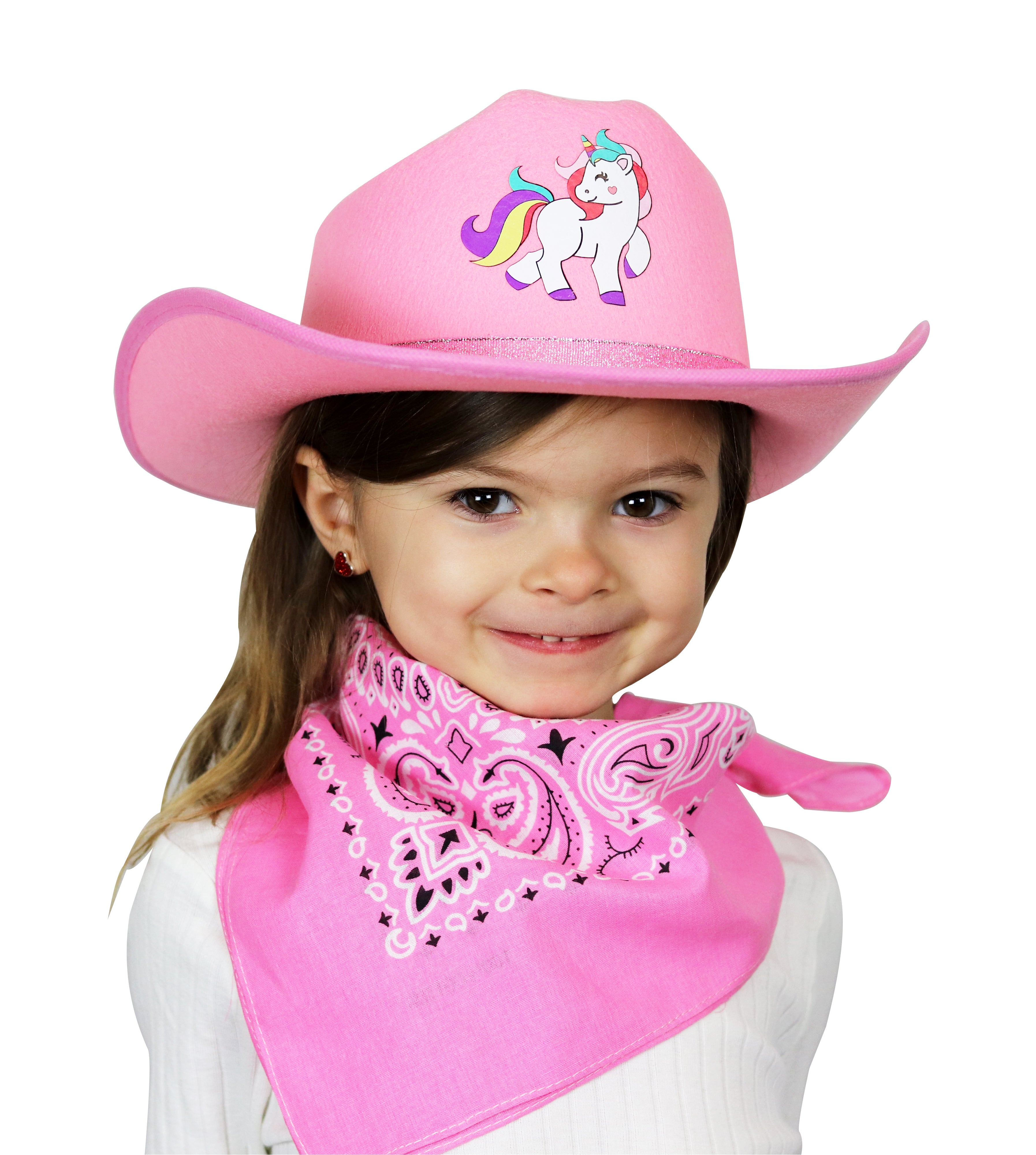Jr. Cowboy Hat, Pink, Sparkle Ribbon with White Unicorn Logo And Bandanna