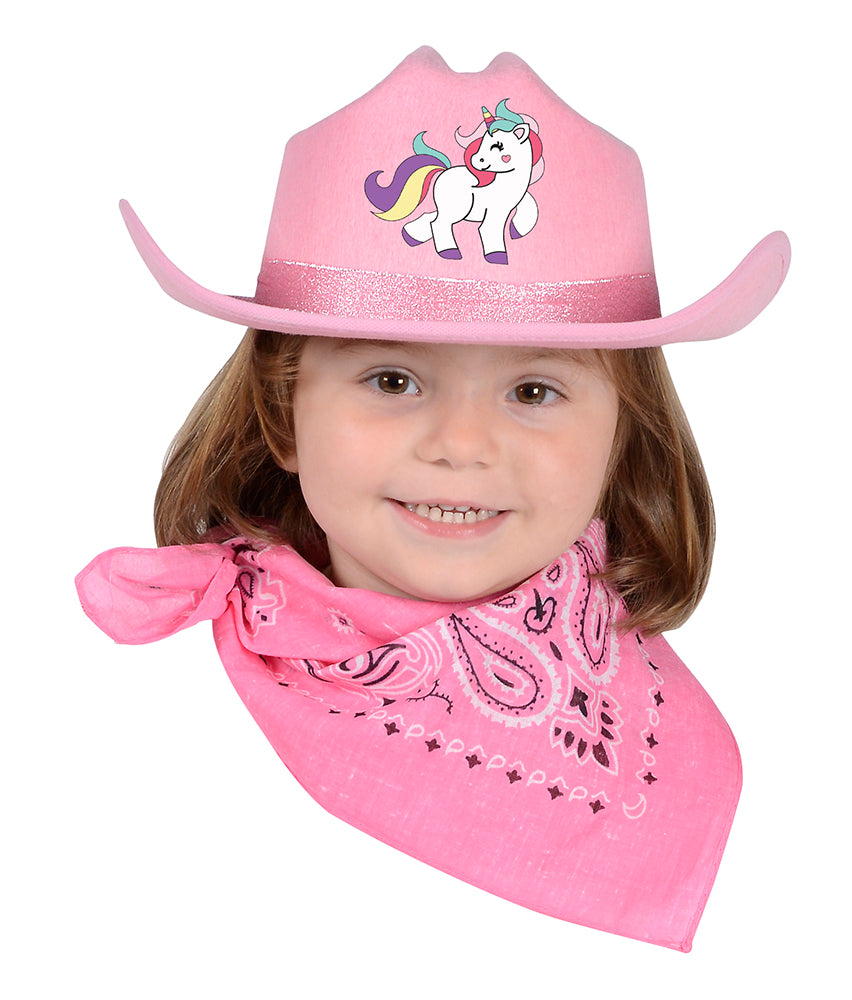 Jr. Cowboy Hat, Pink, Sparkle Ribbon with White Unicorn Logo And Bandanna