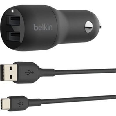 Belkin - BOOST↑CHARGE  Dual USB-a Car Charger 24W + USB-a to USB-C Cable - Black