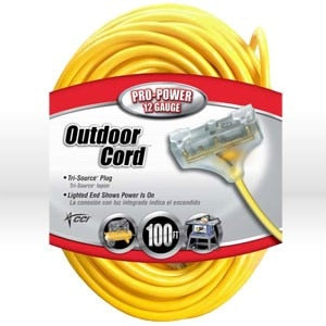 Extension Cord, 12/3 SJTW Yellow Tri-Source Ext Cord w lighted end