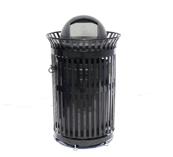 45 Gallon Side Opening Slatted Commercial Pre-Assembled Trash Receptacle with Flat Lid & Liner (Black)