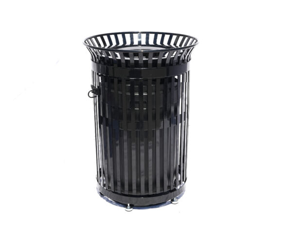 45 Gallon Side Opening Slatted Commercial Pre-Assembled Trash Receptacle with Flat Lid & Liner (Black)