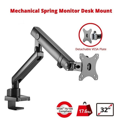 Aluminum Mechanical Spring Single Monitor Arm Mount - 17&amp;quot; to 32&amp;quot; - Max Load 17.6 lbs