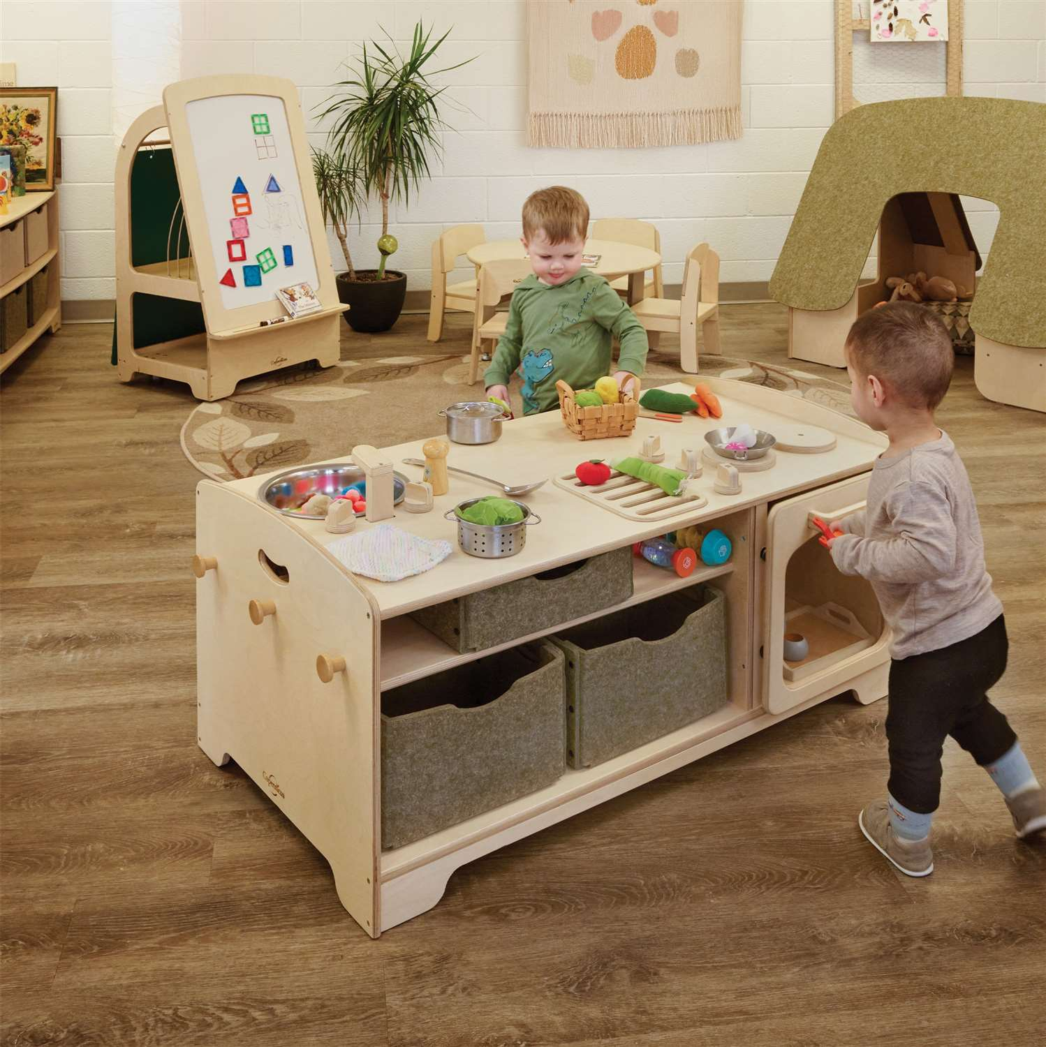 Seoras Kitchen Island with Softouch Storage Bins - Preschool - 28"H x 48.25"W x 30"D