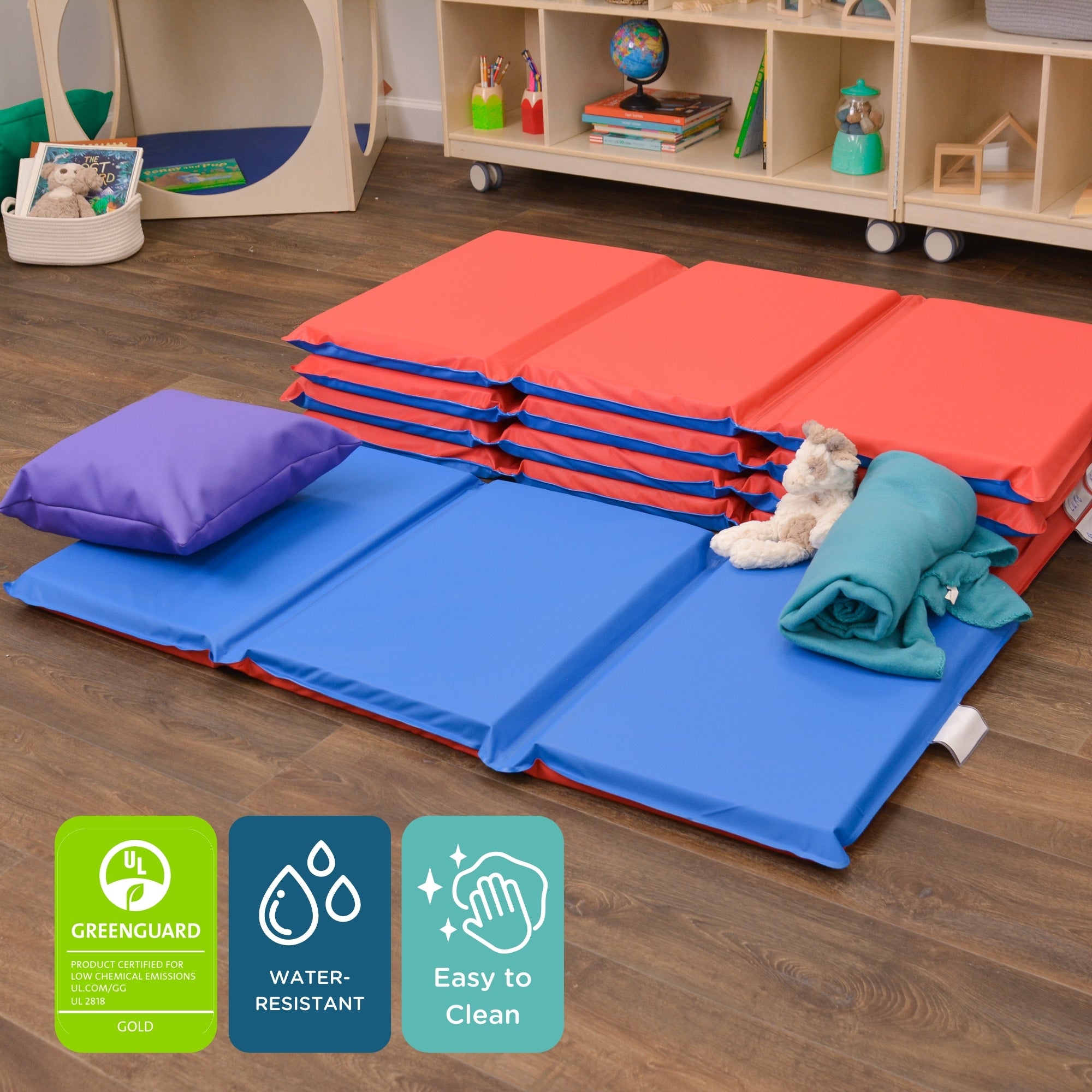 2" Infection Control 3 Section Folding Rest Mat - Set of 5 - Red/Blue