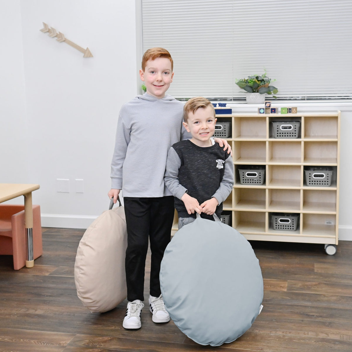 Mini Round Pouf with Handle - Fog Blue & Sand - 18" x 18" - Set of 2