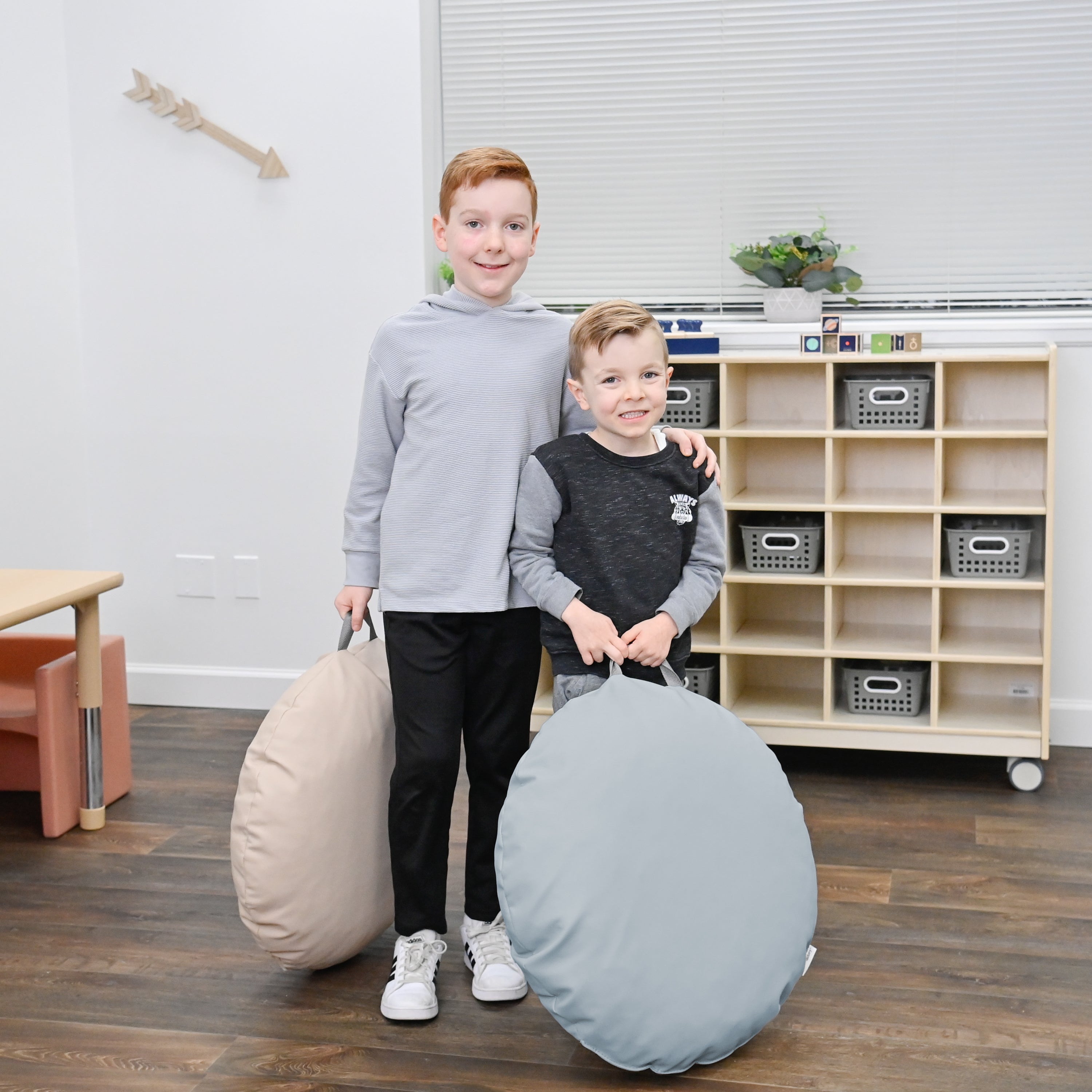 18x18 Mini Round Pouf with Handle - Set of 2 - Fog Blue and Sand