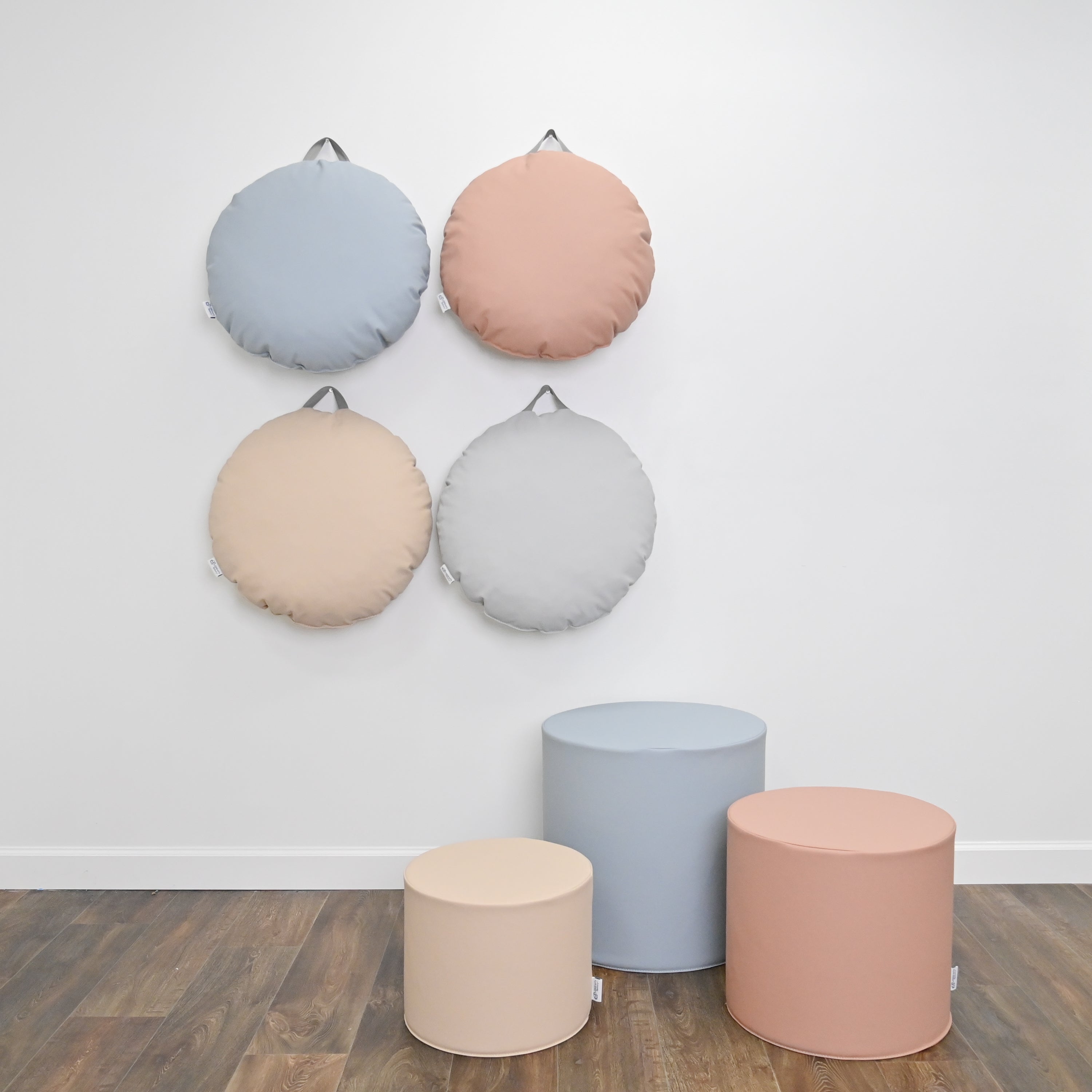 18x18 Mini Round Pouf with Handle - Set of 2 - Fog Blue and Sand