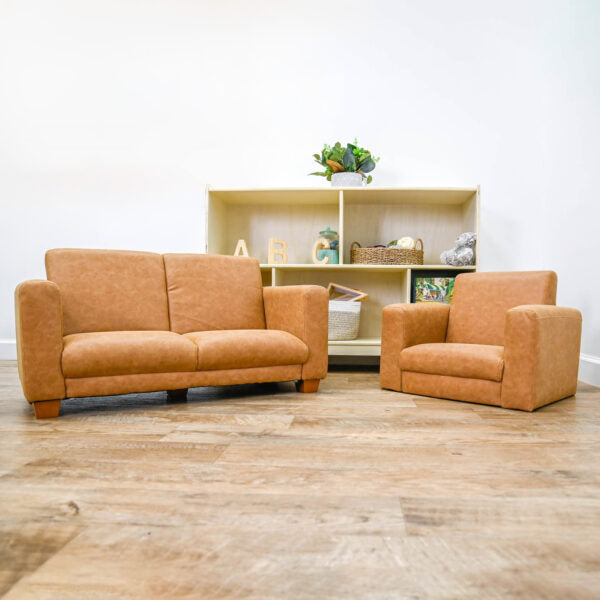 As We Grow Modern Chair and Sofa Set - Faux Distressed Leather Brown with Walnut Legs