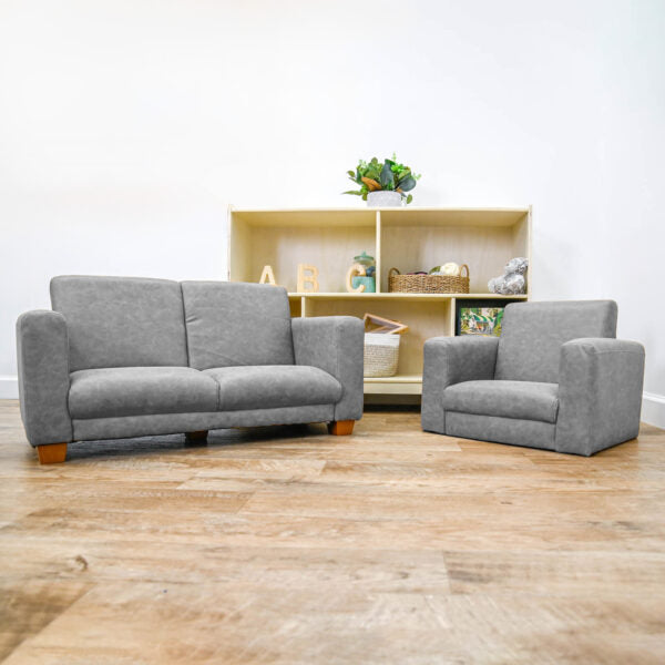 As We Grow Modern Chair and Sofa Set - Faux Distressed Leather Gray with Walnut Legs