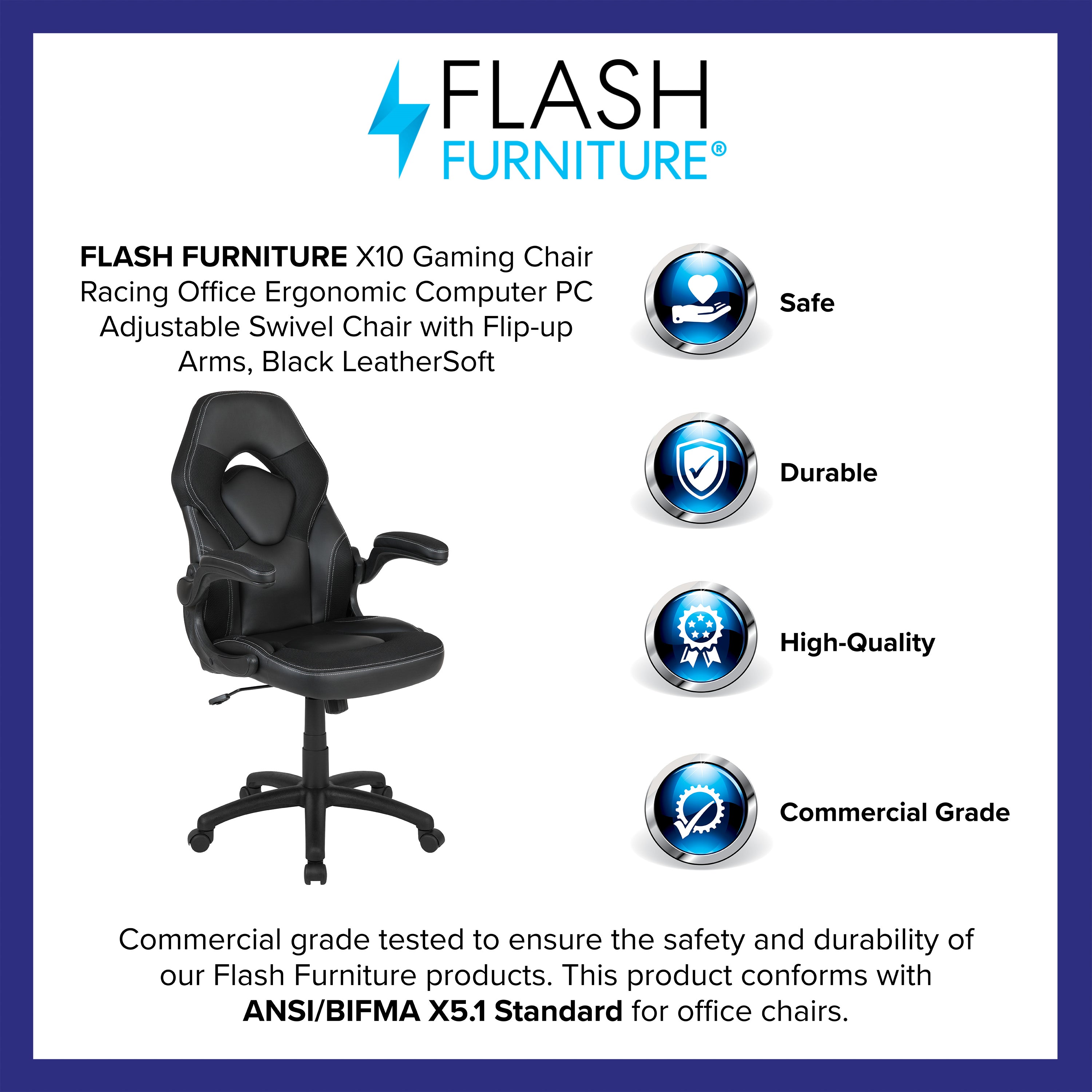 X10 Gaming Chair, Racing Style Ergonomic Office Chair, Height Adjustable Swivel Computer Chair with Flip-Up Arms, Black LeatherSoft
