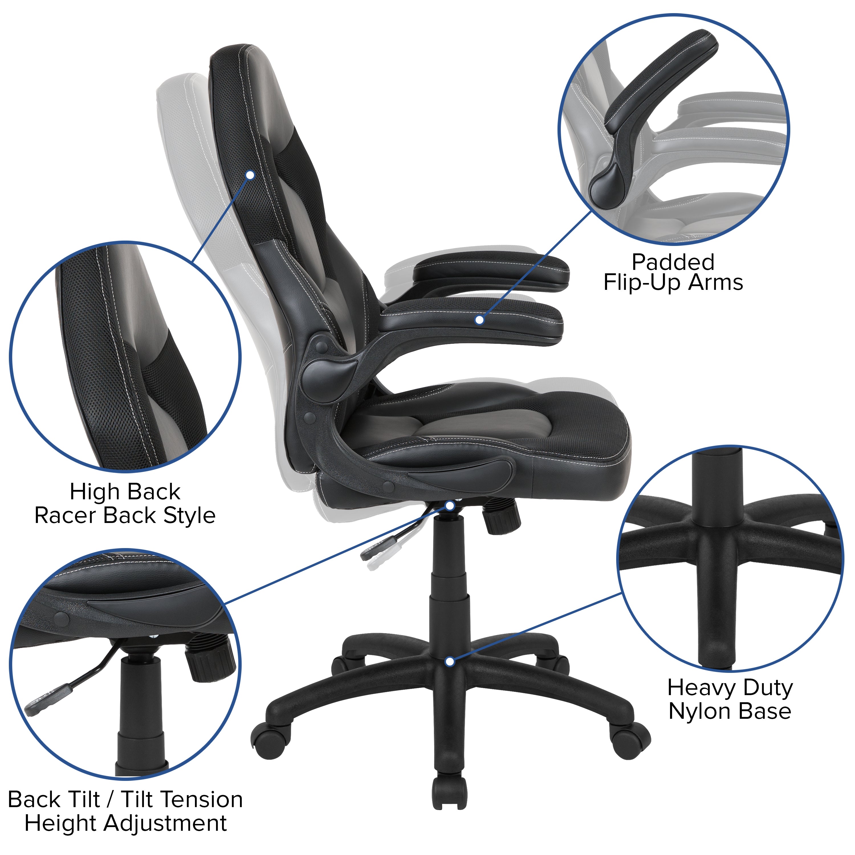 X10 Gaming Chair, Racing Style Ergonomic Office Chair, Height Adjustable Swivel Computer Chair with Flip-Up Arms, Black LeatherSoft