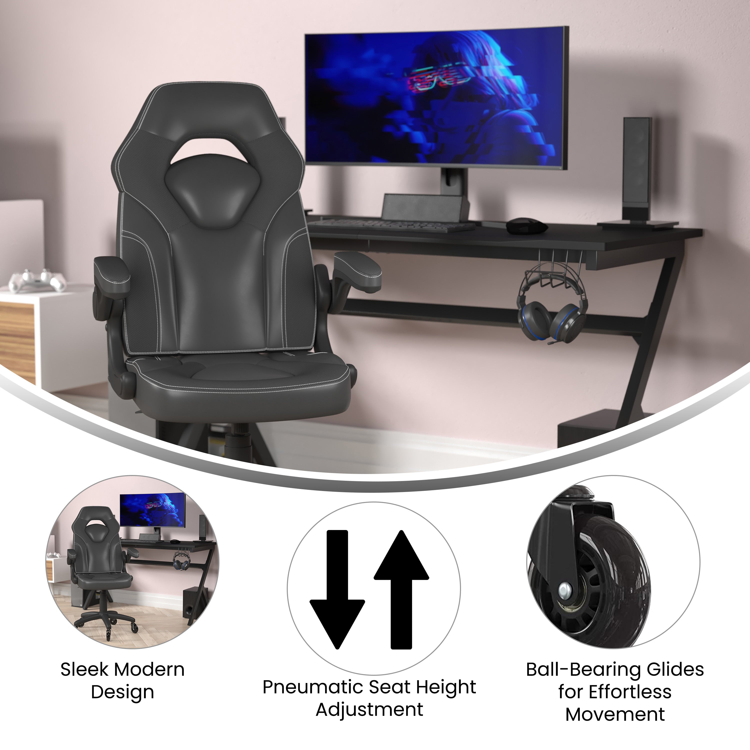 X10 Gaming Chair Racing Office Computer PC Adjustable Chair with Flip-up Arms and Transparent Roller Wheels, Black LeatherSoft