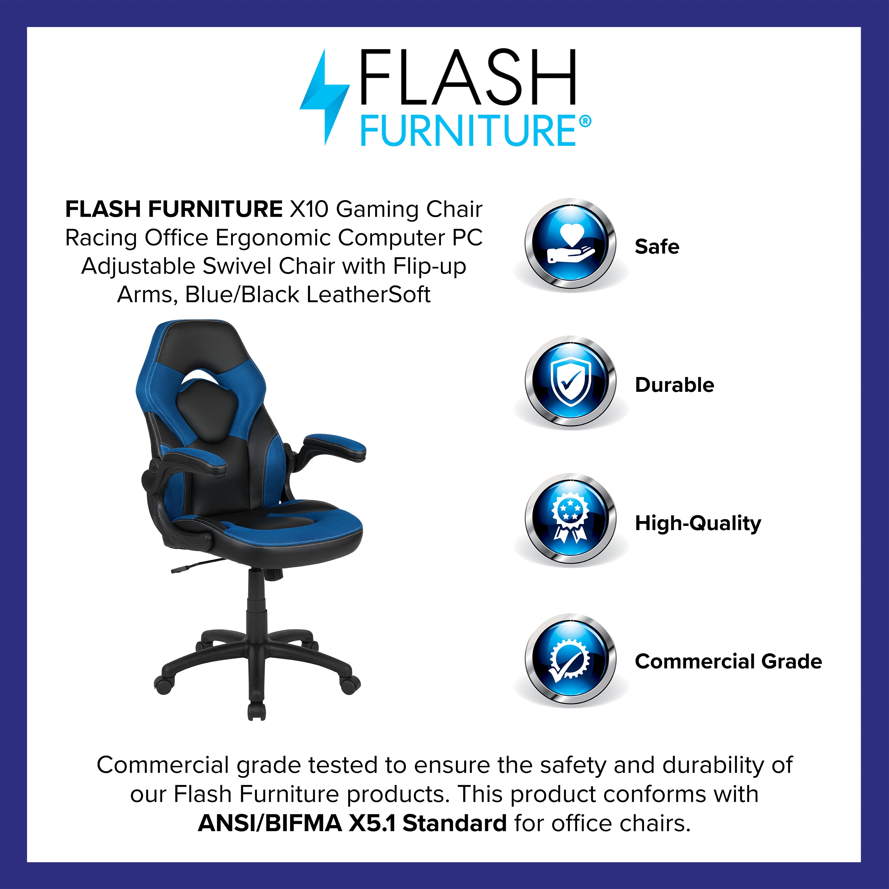 X10 Gaming Chair, Racing Style Ergonomic Office Chair, Height Adjustable Swivel Computer Chair with Flip-Up Arms, Blue/Black LeatherSoft