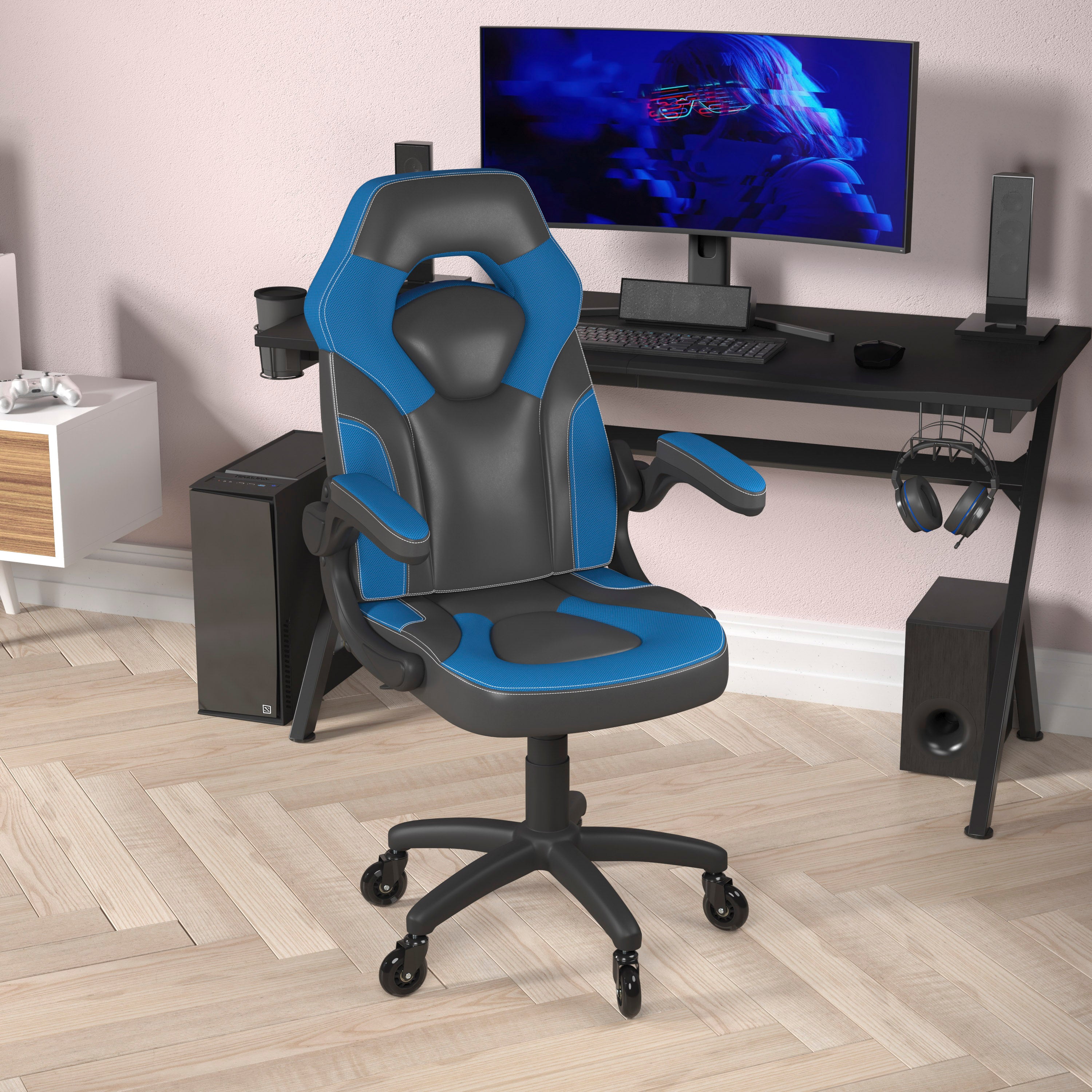 X10 Gaming Chair Racing Office Computer PC Adjustable Chair with Flip-up Arms and Transparent Roller Wheels, Blue/Black LeatherSoft