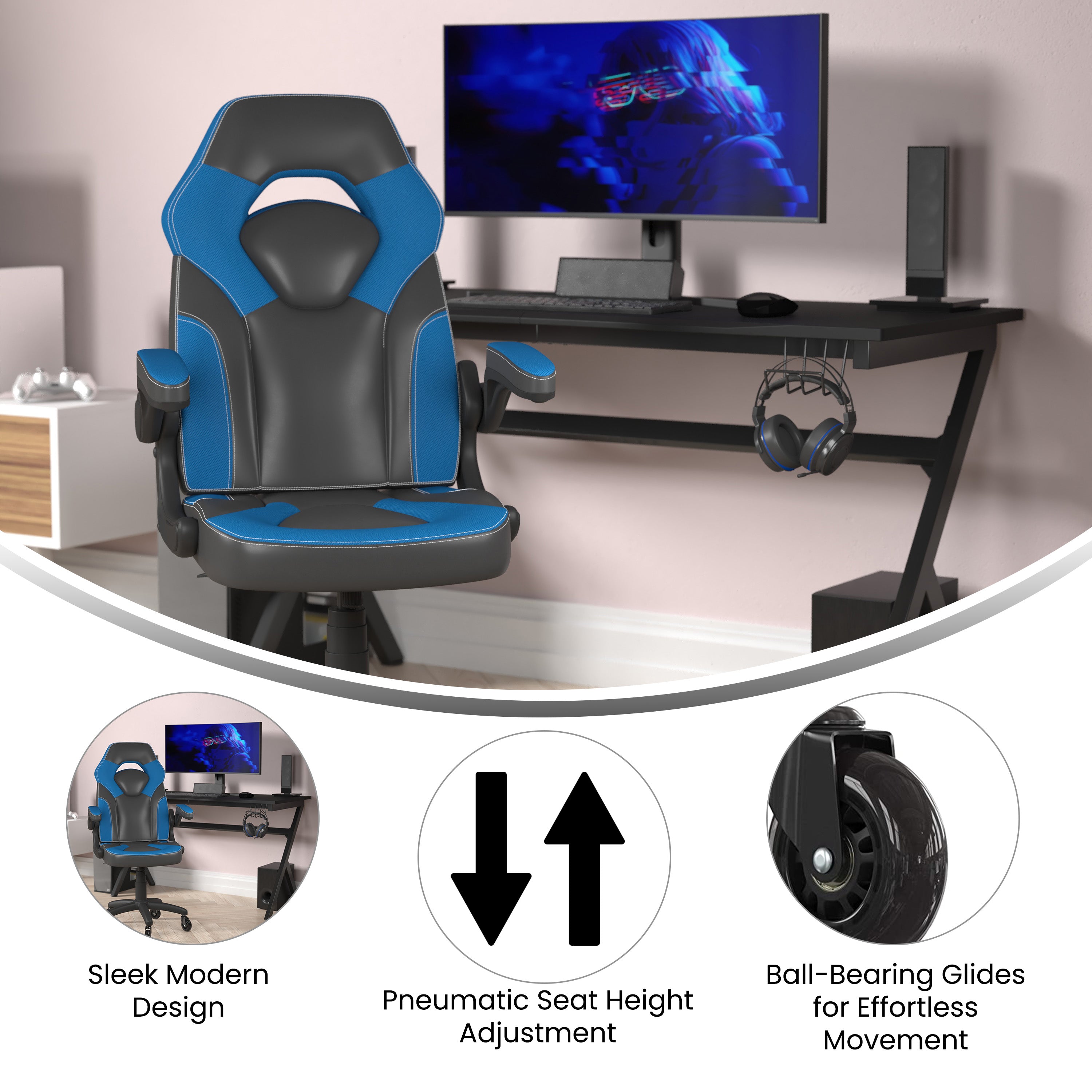 X10 Gaming Chair Racing Office Computer PC Adjustable Chair with Flip-up Arms and Transparent Roller Wheels, Blue/Black LeatherSoft