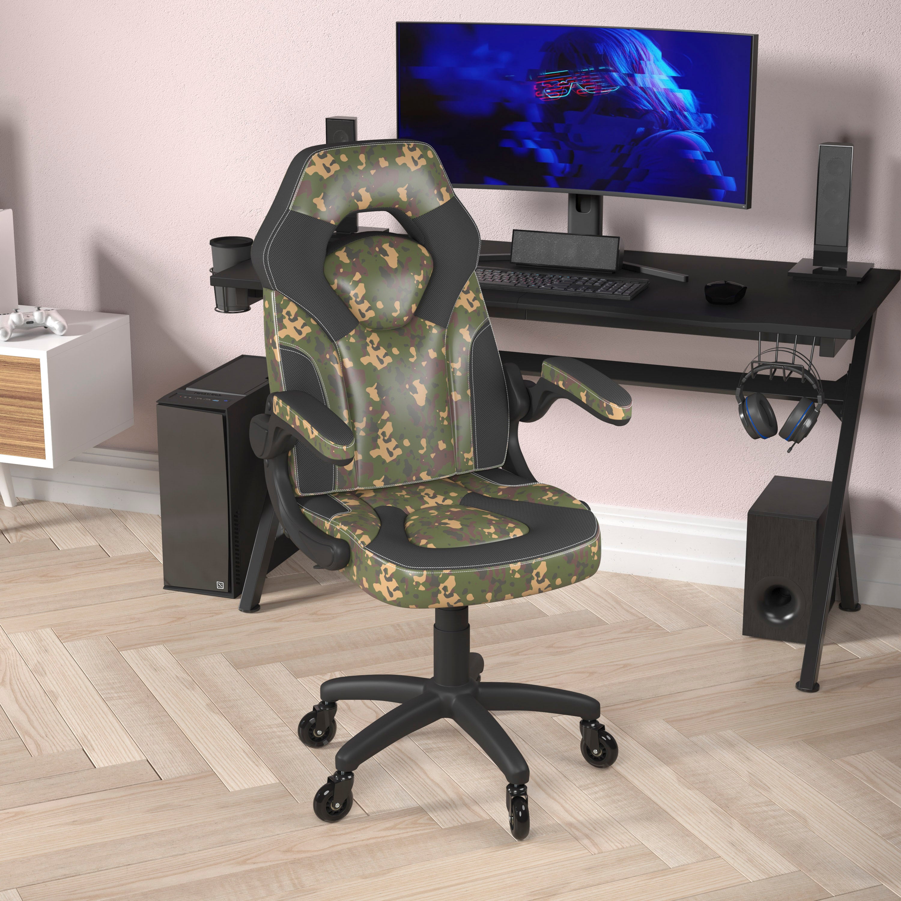 X10 Gaming Chair Racing Computer PC Adjustable Chair with Flip-up Arms and Transparent Roller Wheels, Camouflage/Black LeatherSoft