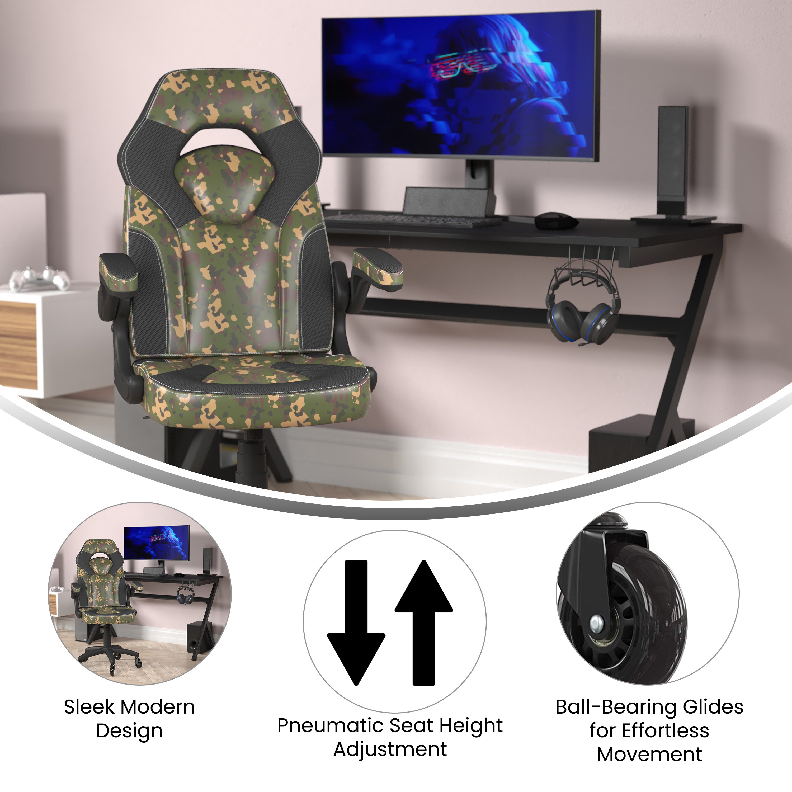X10 Gaming Chair Racing Computer PC Adjustable Chair with Flip-up Arms and Transparent Roller Wheels, Camouflage/Black LeatherSoft