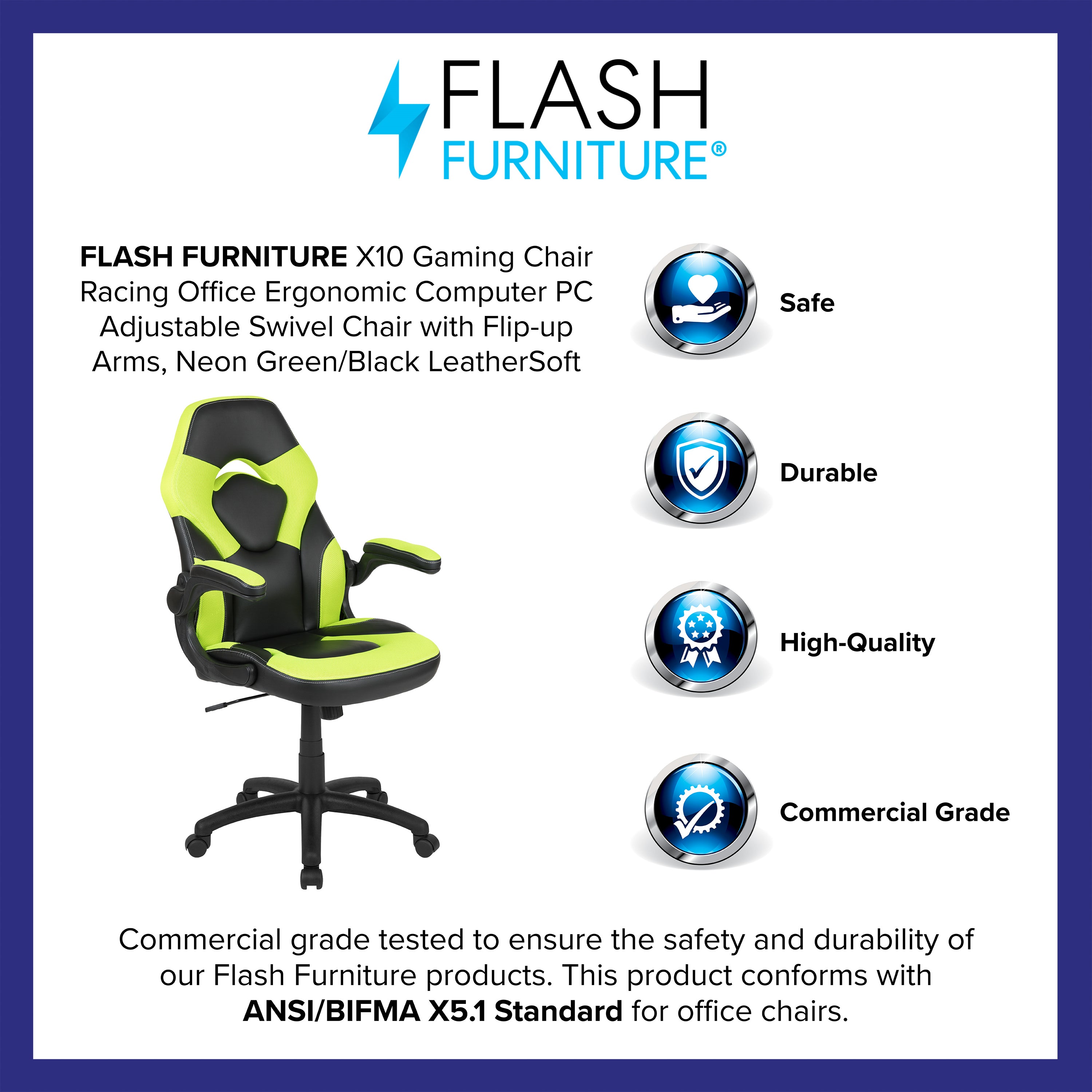 X10 Gaming Chair, Racing Style Ergonomic Office Chair, Height Adjustable Swivel Computer Chair with Flip-Up Arms, Neon Green/Black LeatherSoft