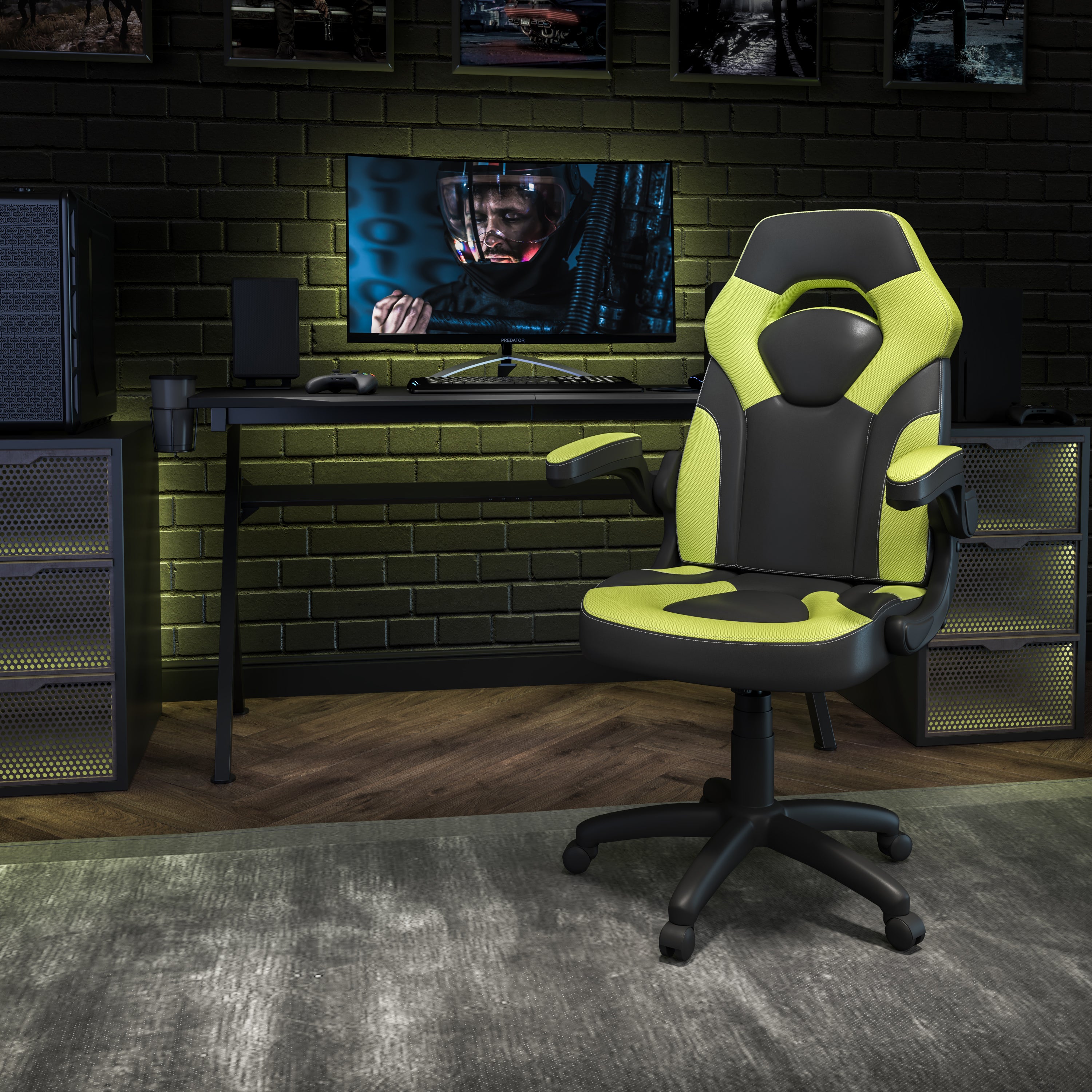 X10 Gaming Chair, Racing Style Ergonomic Office Chair, Height Adjustable Swivel Computer Chair with Flip-Up Arms, Neon Green/Black LeatherSoft