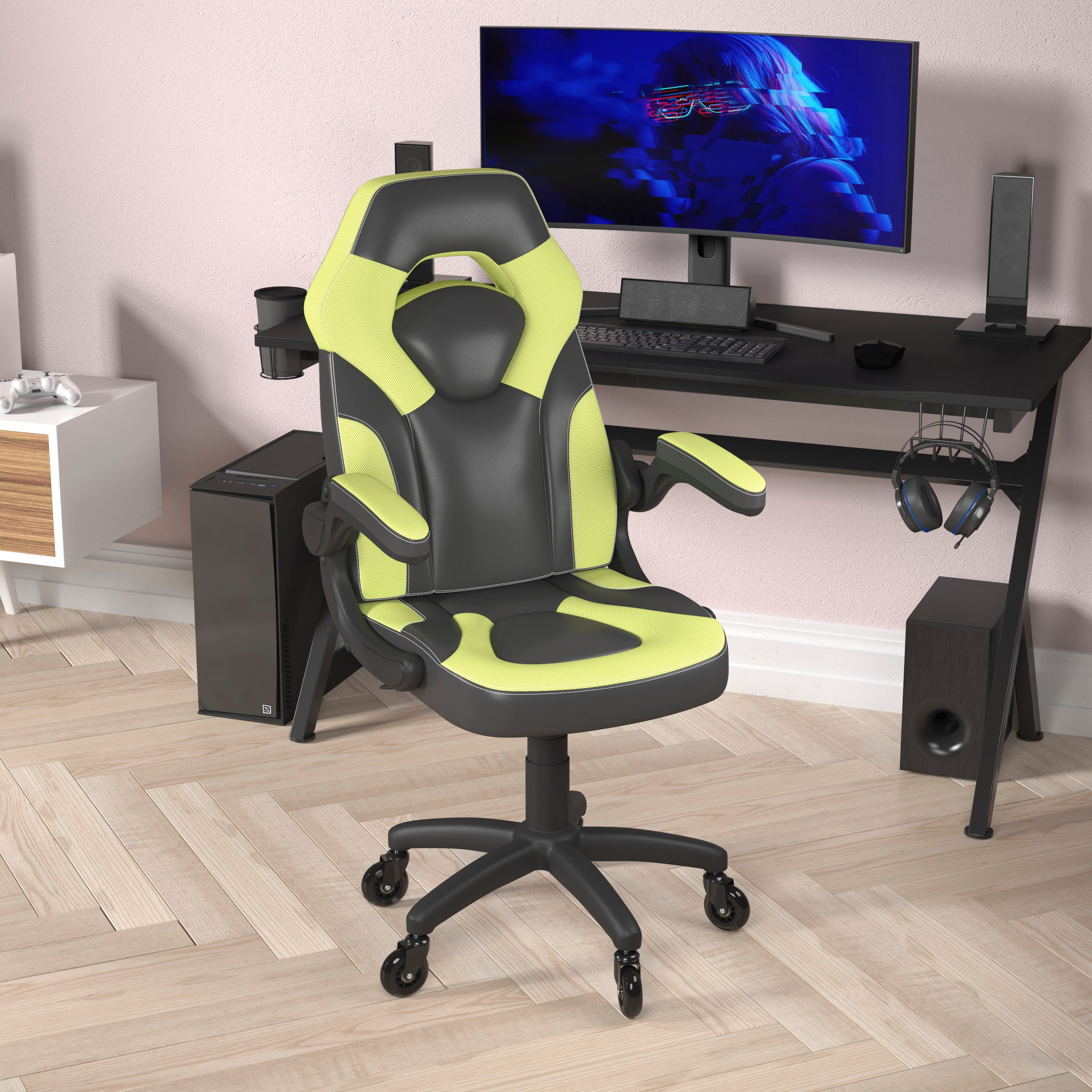 X10 Gaming Chair Racing Computer PC Adjustable Chair with Flip-up Arms and Transparent Roller Wheels, Neon Green/Black LeatherSoft