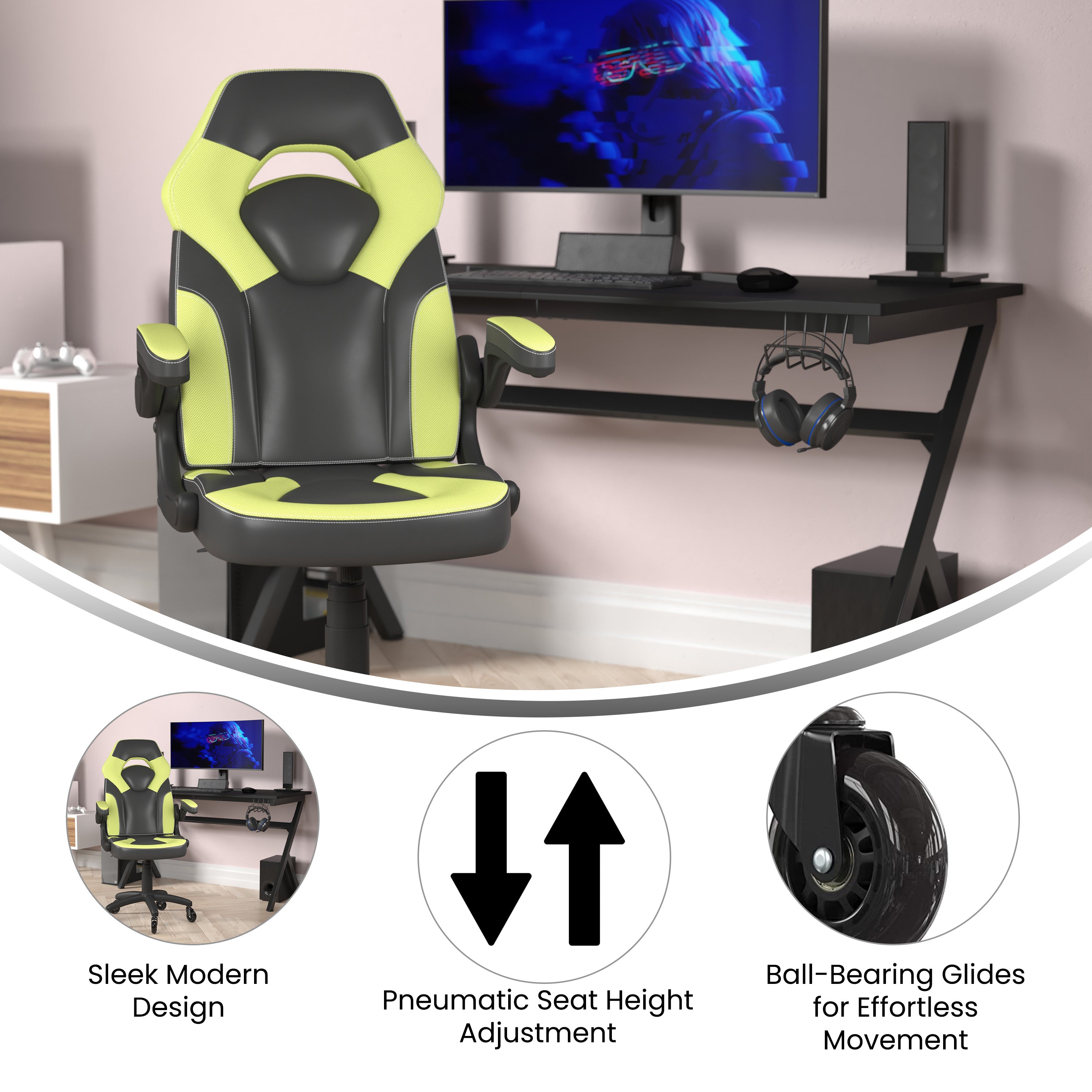 X10 Gaming Chair Racing Computer PC Adjustable Chair with Flip-up Arms and Transparent Roller Wheels, Neon Green/Black LeatherSoft