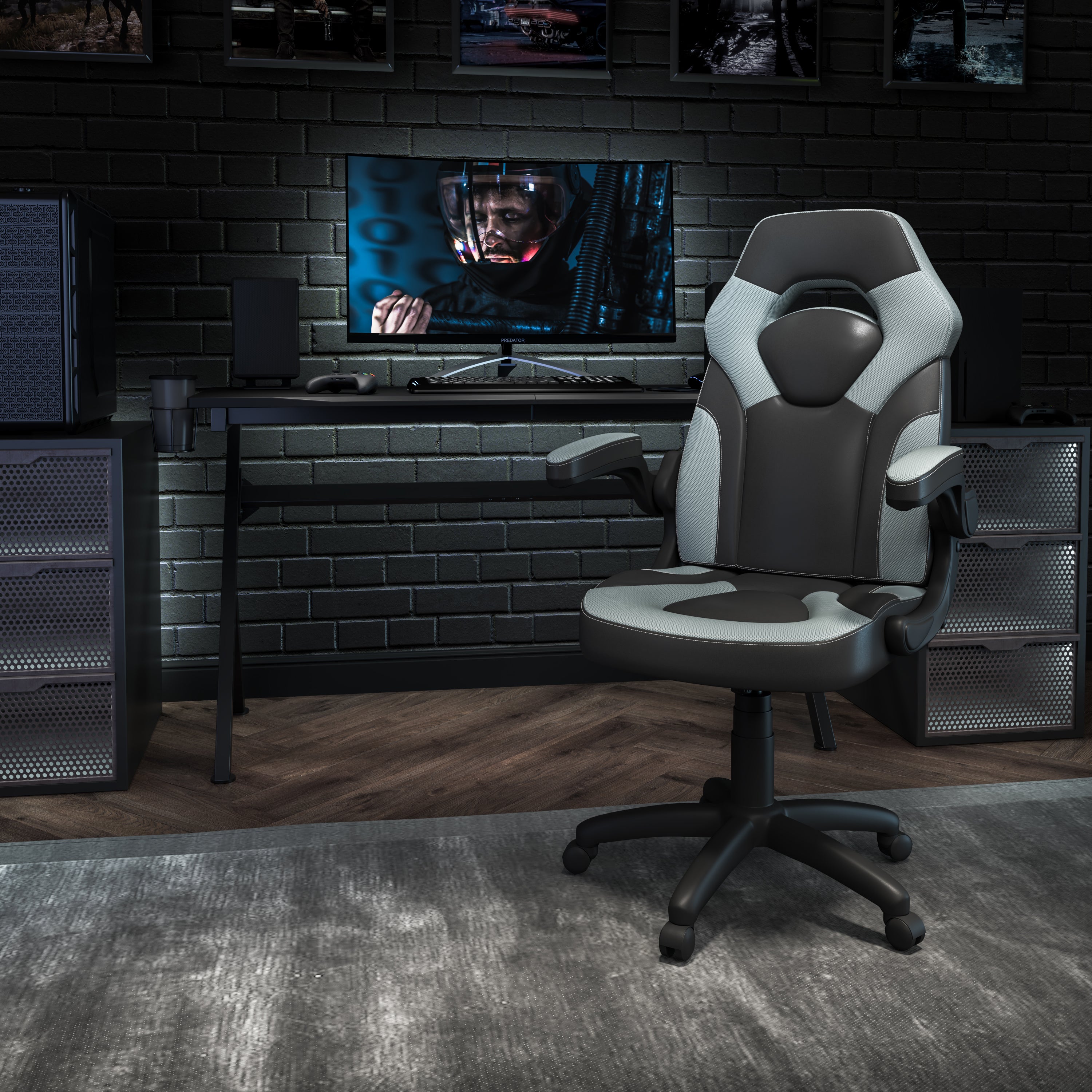 X10 Gaming Chair, Racing Style Ergonomic Office Chair, Height Adjustable Swivel Computer Chair with Flip-Up Arms, Gray/Black LeatherSoft