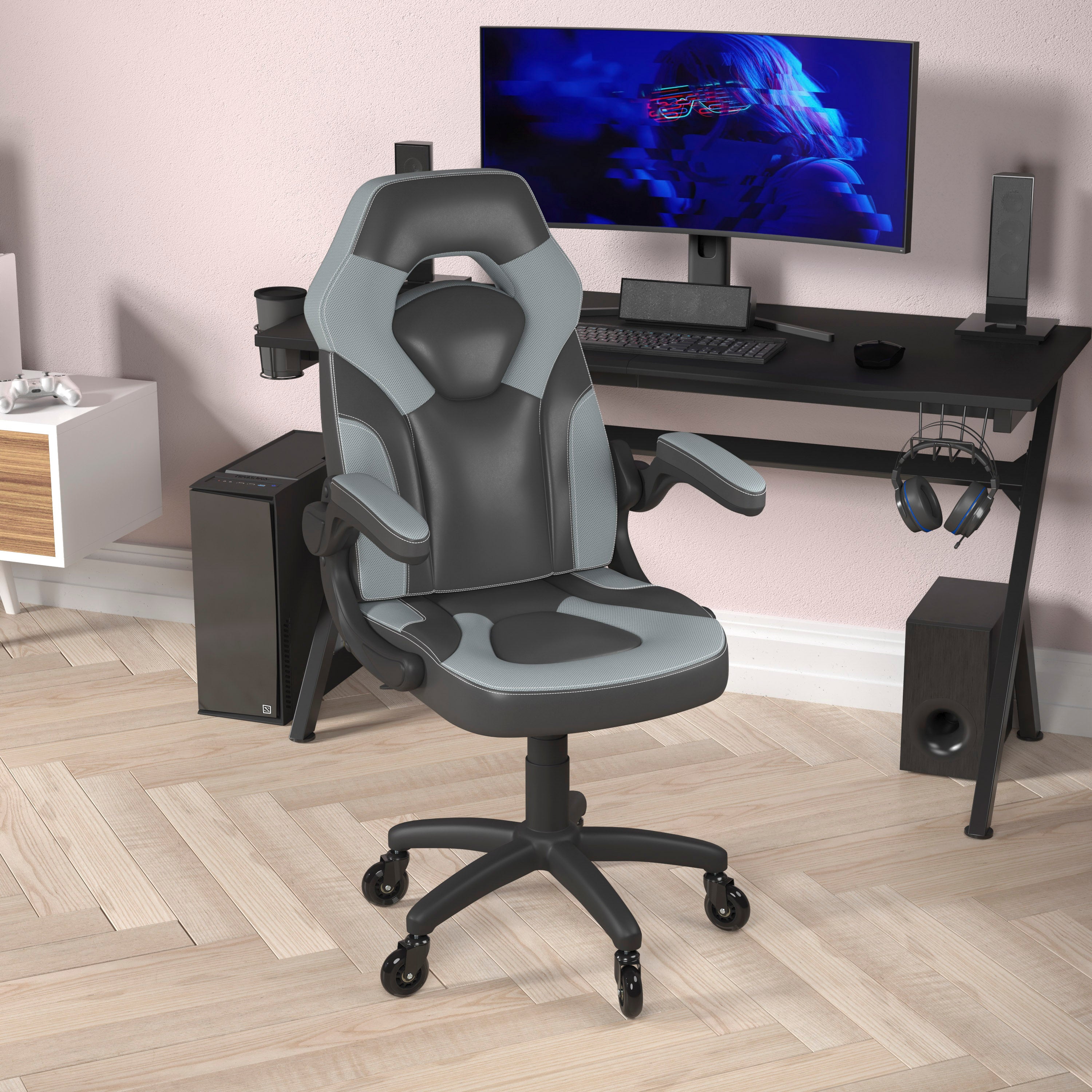 X10 Gaming Chair Racing Office Computer PC Adjustable Chair with Flip-up Arms and Transparent Roller Wheels, Gray/Black LeatherSoft