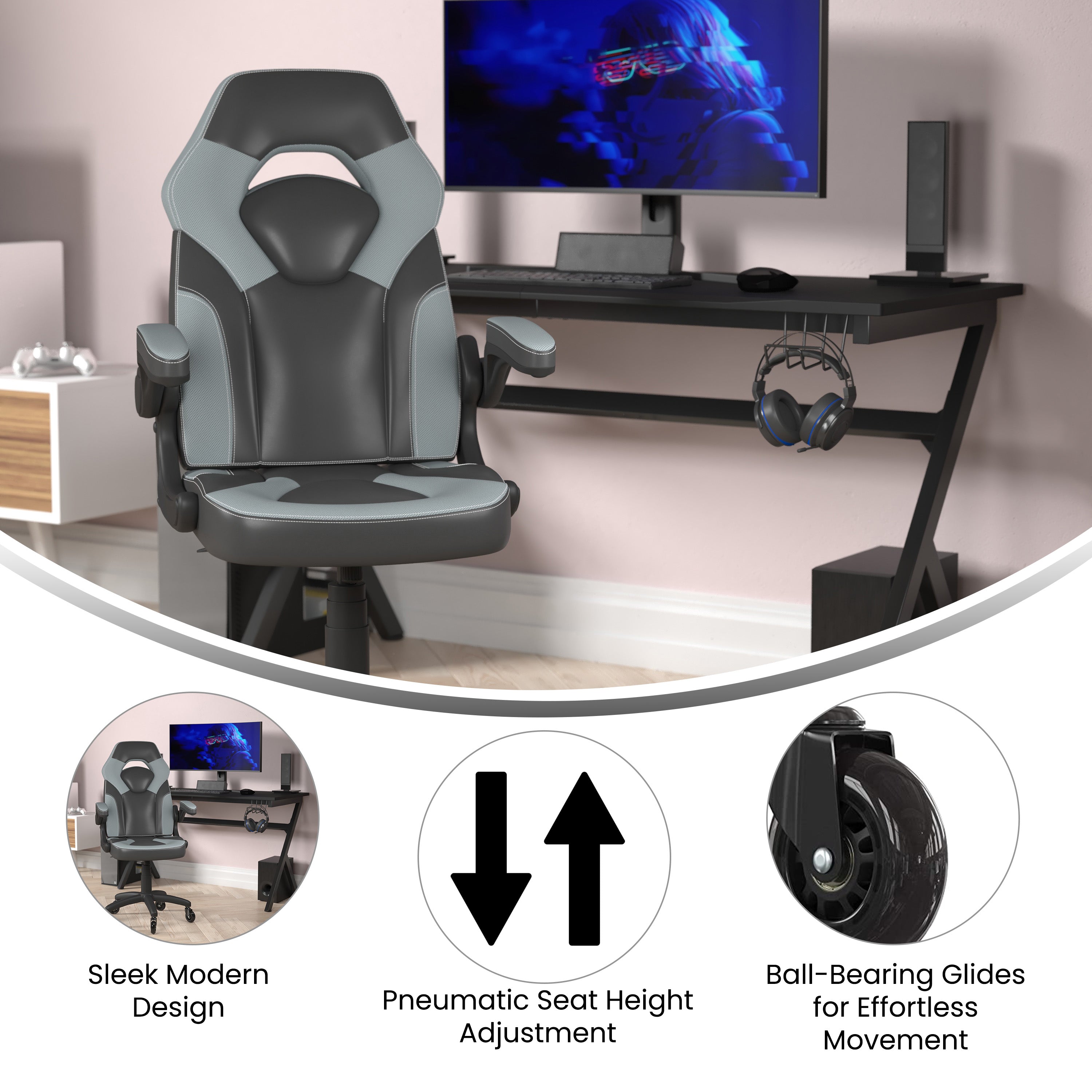 X10 Gaming Chair Racing Office Computer PC Adjustable Chair with Flip-up Arms and Transparent Roller Wheels, Gray/Black LeatherSoft