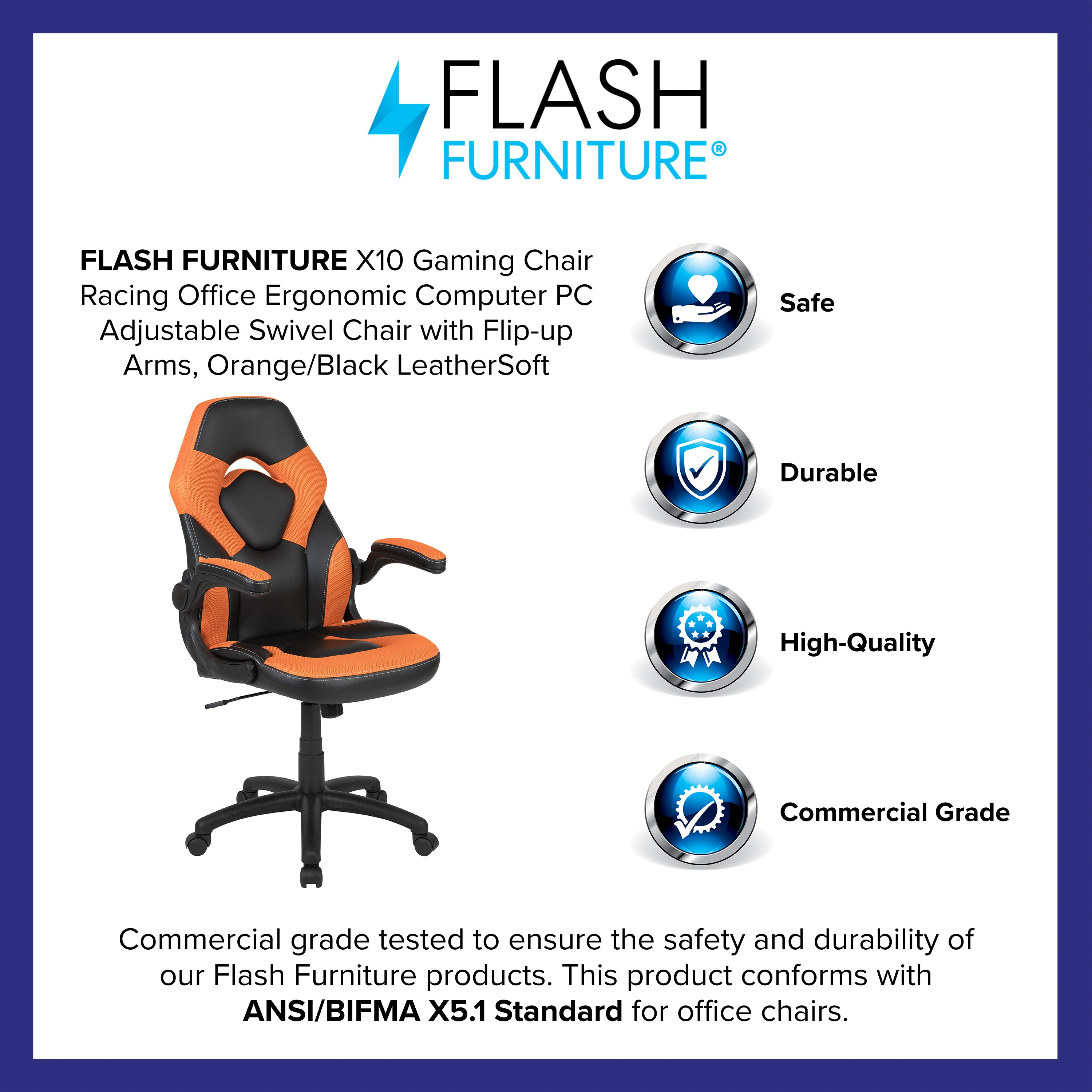 X10 Gaming Chair, Racing Style Ergonomic Office Chair, Height Adjustable Swivel Computer Chair with Flip-Up Arms, Orange/Black LeatherSoft