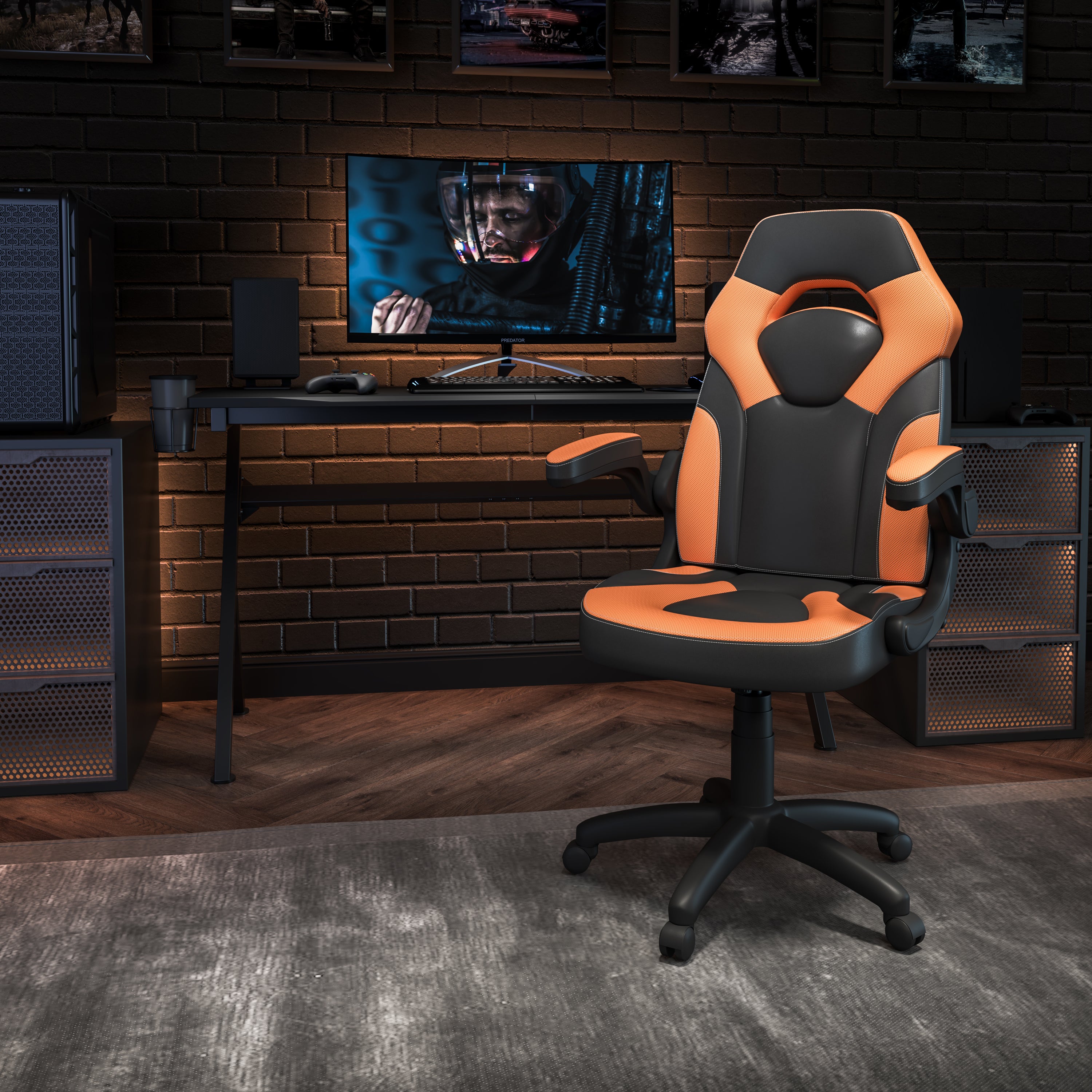 X10 Gaming Chair, Racing Style Ergonomic Office Chair, Height Adjustable Swivel Computer Chair with Flip-Up Arms, Orange/Black LeatherSoft