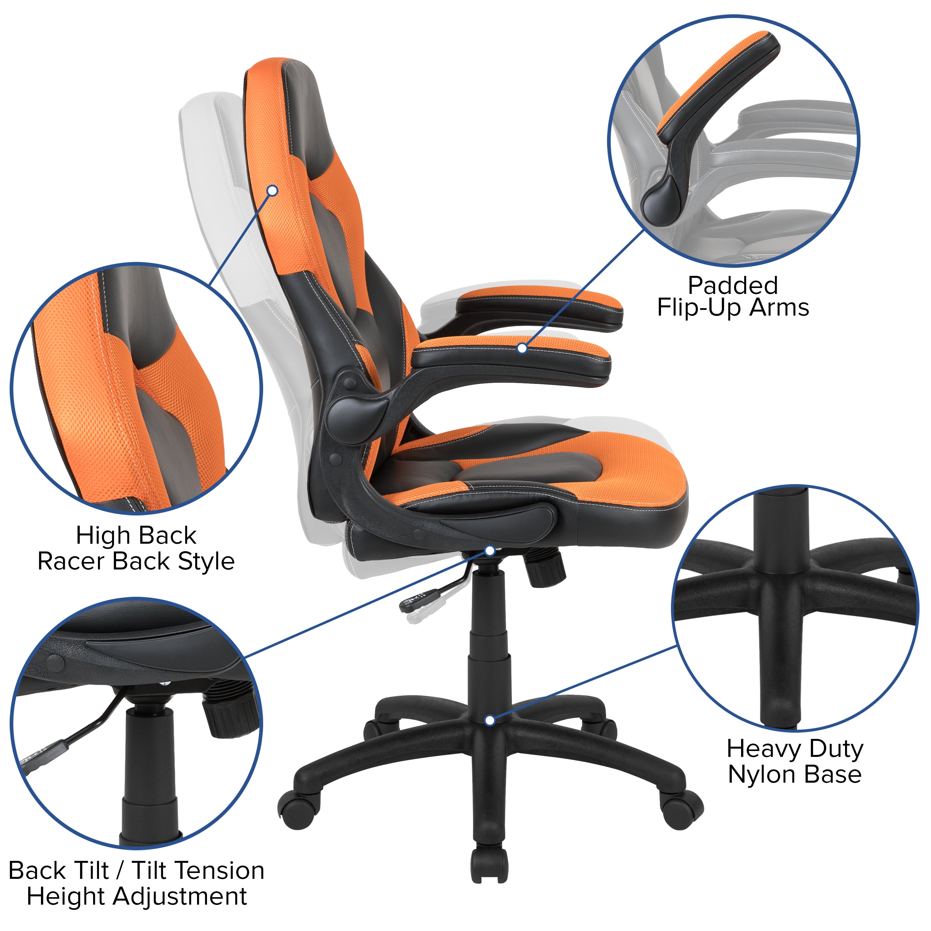 X10 Gaming Chair, Racing Style Ergonomic Office Chair, Height Adjustable Swivel Computer Chair with Flip-Up Arms, Orange/Black LeatherSoft