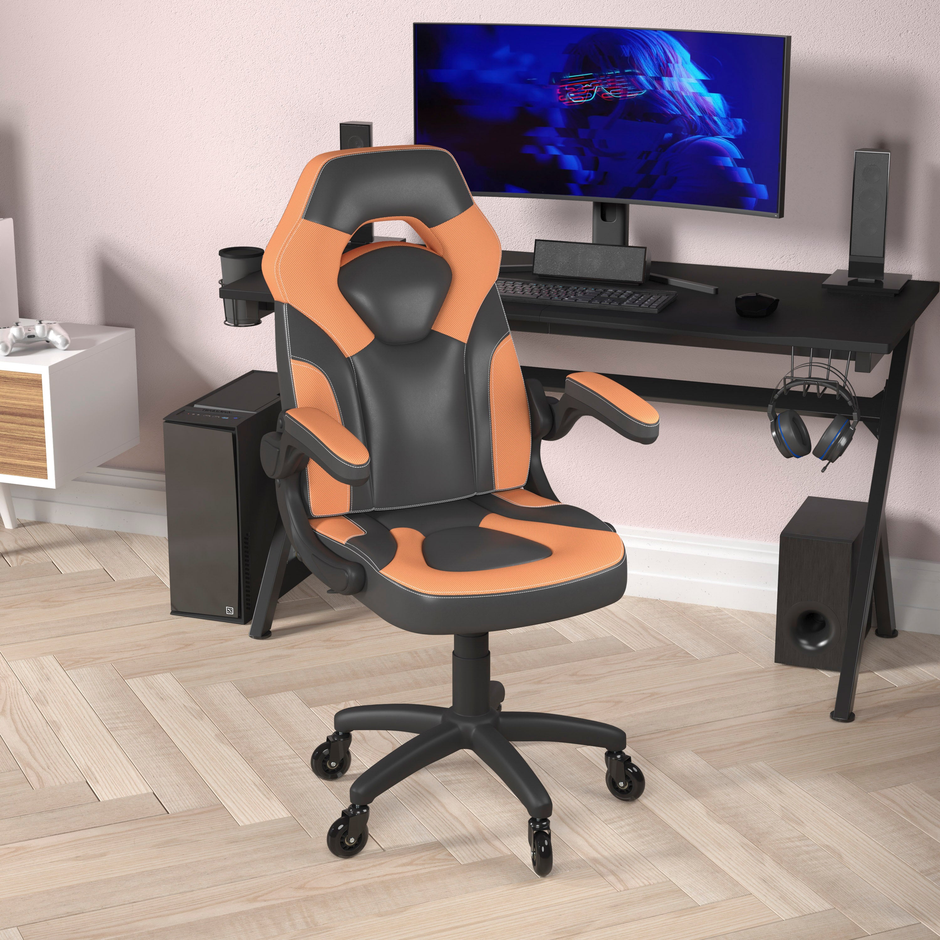 X10 Gaming Chair Racing Office Computer PC Adjustable Chair with Flip-up Arms and Transparent Roller Wheels, Orange/Black LeatherSoft