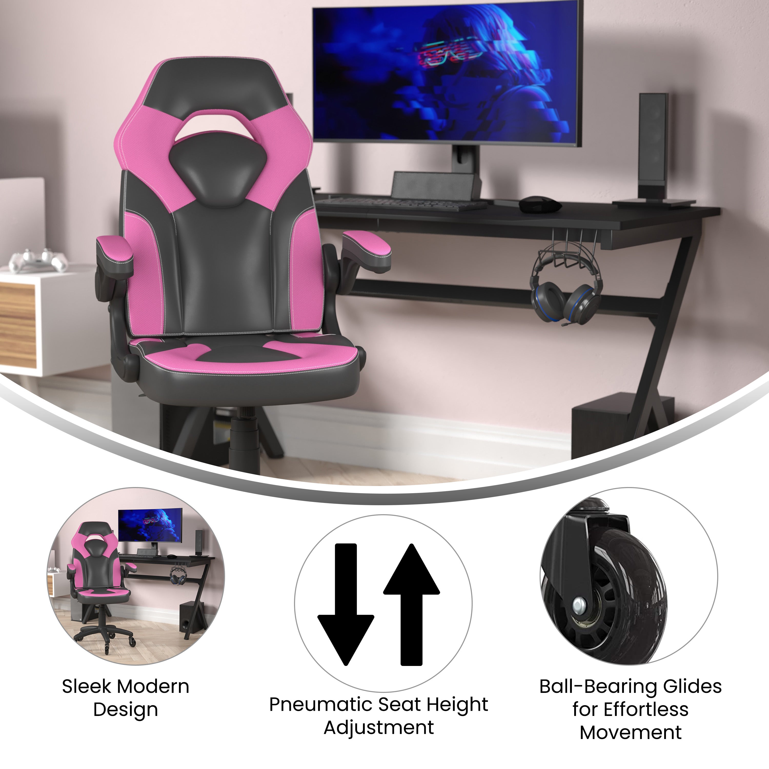 X10 Gaming Chair Racing Office Computer PC Adjustable Chair with Flip-up Arms and Transparent Roller Wheels, Pink/Black LeatherSoft