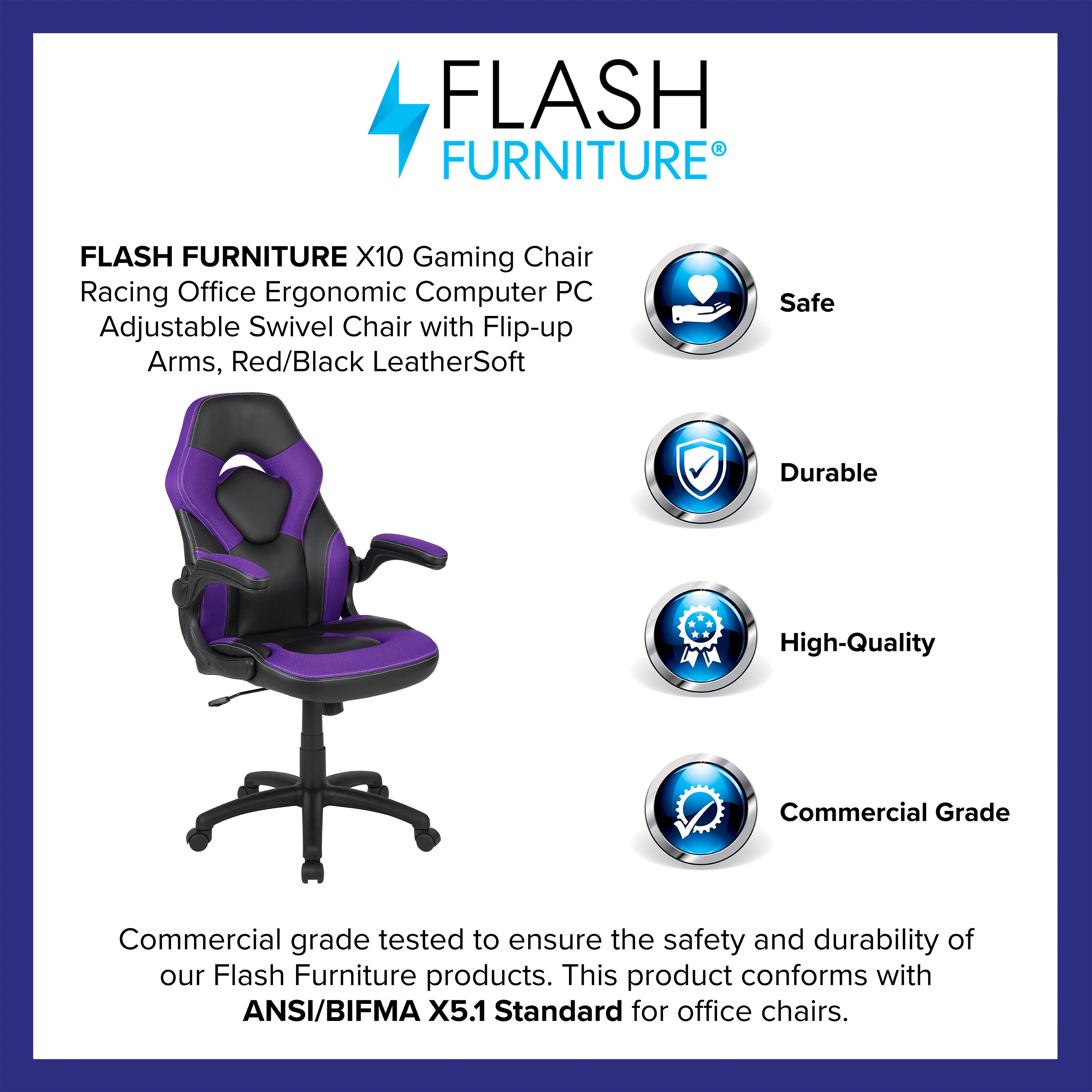X10 Gaming Chair, Racing Style Ergonomic Office Chair, Height Adjustable Swivel Computer Chair with Flip-Up Arms, Purple/Black LeatherSoft