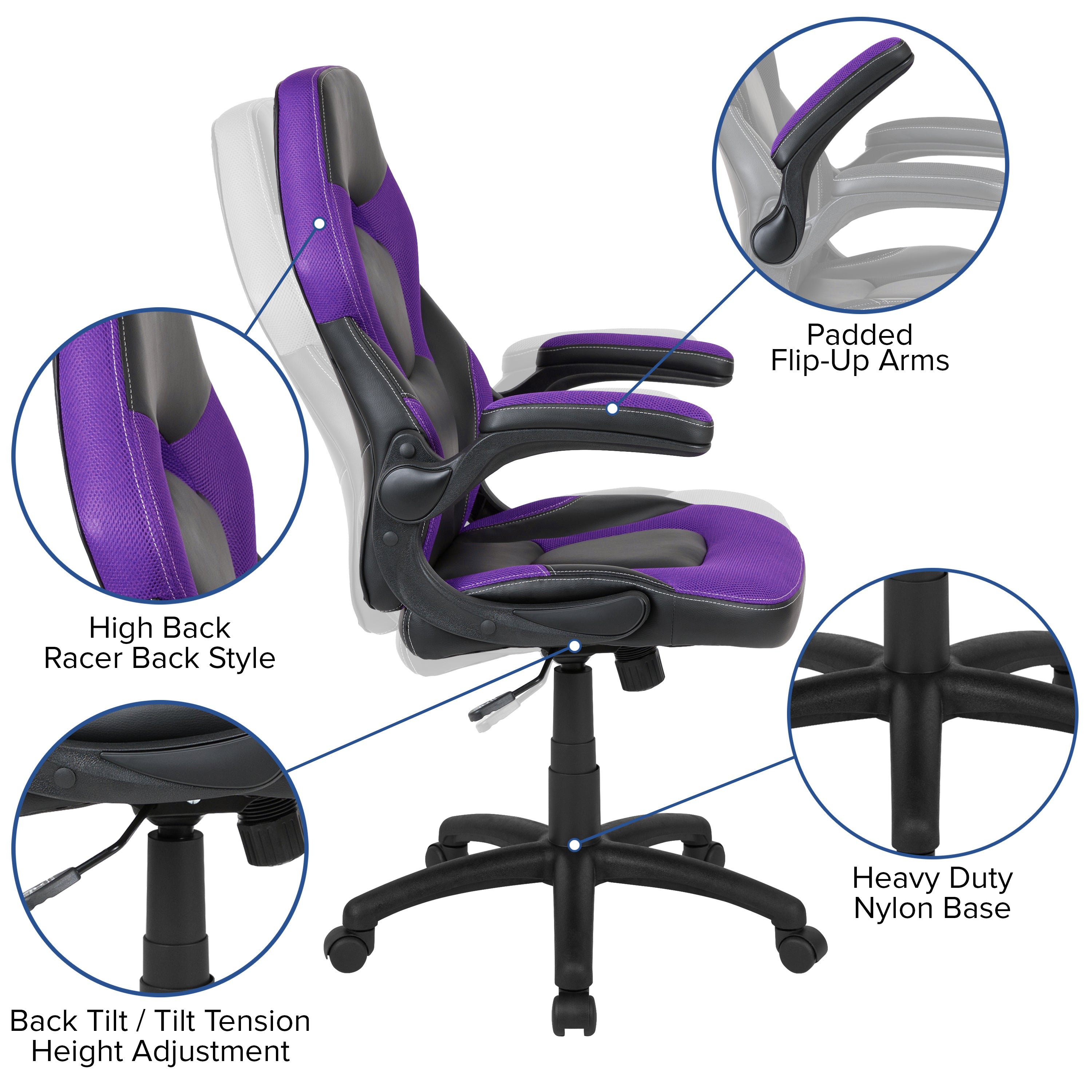 X10 Gaming Chair, Racing Style Ergonomic Office Chair, Height Adjustable Swivel Computer Chair with Flip-Up Arms, Purple/Black LeatherSoft