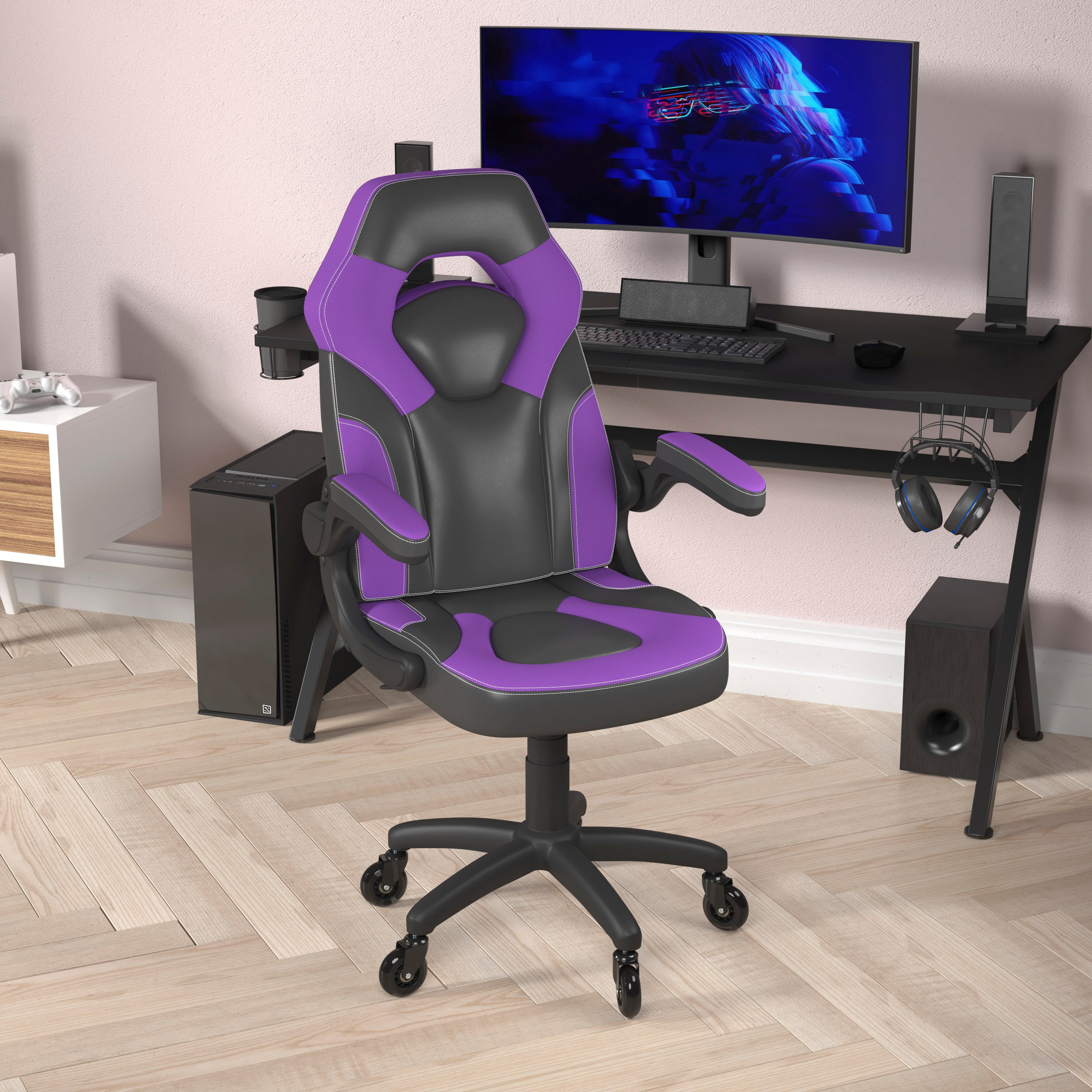 X10 Gaming Chair Racing Office Computer PC Adjustable Chair with Flip-up Arms and Transparent Roller Wheels, Purple/Black LeatherSoft
